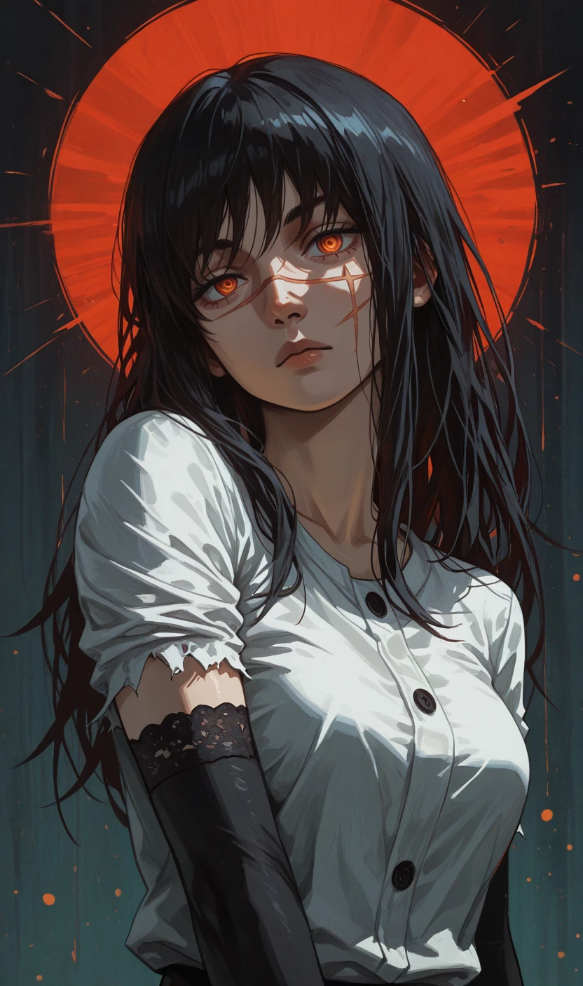 (masterpiece,best quality,amazing quality:1.2),very aesthetic,absurdres,highres,newest,ray tracing,attentive, 8k, original, <lora:dark:0.6>, Yoru, yoru \(chainsaw man\), scar on face, red eyes, ringed eyes, black hair, long hair, black_arm_garter, white_shirt, <lora:Yoru:0.9>, chainsaw man, portrait, head tilt, expressionless, looking at viewer, particles, fractal, HDR colours, abstract background, limited palette, glitch theme, impressionism,<lora:Disco_Elysium_style:1>, disco_elysium, painterly, disco_elysium_style,