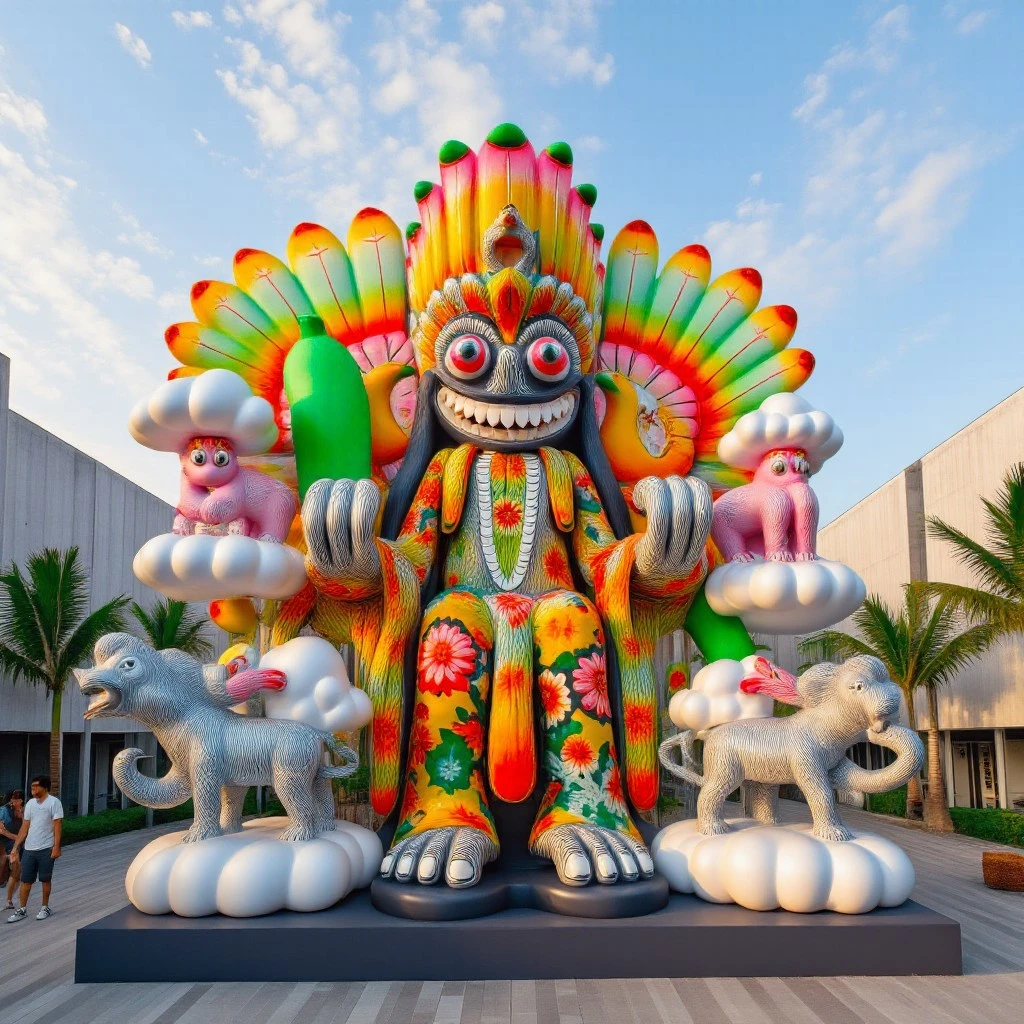 The image is a high-resolution photograph of a large-scale, whimsical public art sculpture displayed in a public space with minimalist buildings. The sculpture is a fantastical, cartoonish god figure inspired by Sri Lankan, ves muhunu mythology. Its mask is oversized and smiling, painted with iridescent pastels and embedded with pink glass eyes. Surrounding the character are floating surreal artefacts, a neon green banana, a miniature pink thundercloud, a silver chrome sacred cow, and a white laughing cloud. Her robe flows outward like clouds, printed with elephants and glowing birds.large-scale, vinyl toy, cartoonish, vivid colours, plastic polymer, metallic, glossy, polymer style,