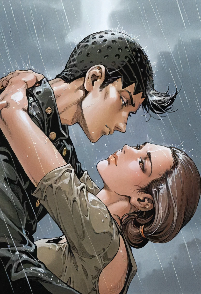 1man,1girl, upper body, rain, melancholic, detailed face, fight, best quality, jojo style by araki hirohiko