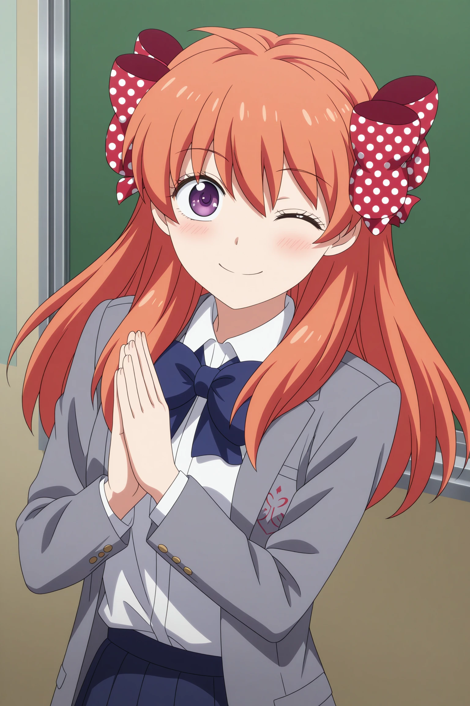 masterpiece, best quality, amazing quality, highres, absurdres, very aesthetic, high resolution, ultra detailed, perfect details, 1girl, solo, indoors, classrom, sakura chiyo, long hair, orange hair, red hair ribbon, polka dot ribbon, purple eyes, long sleeves, grey jacket, open jacket, white shirt, collared shirt, blue bowtie, blue skirt, pleated skirt, black thighhighs, brown footwear, loafers, <lora:Chiyo_Sakura_ILXL:0.8>, aged up, (upper body:1.5), looking at viewer, smile, (anime coloring:1.5), (pose:1.1), wink