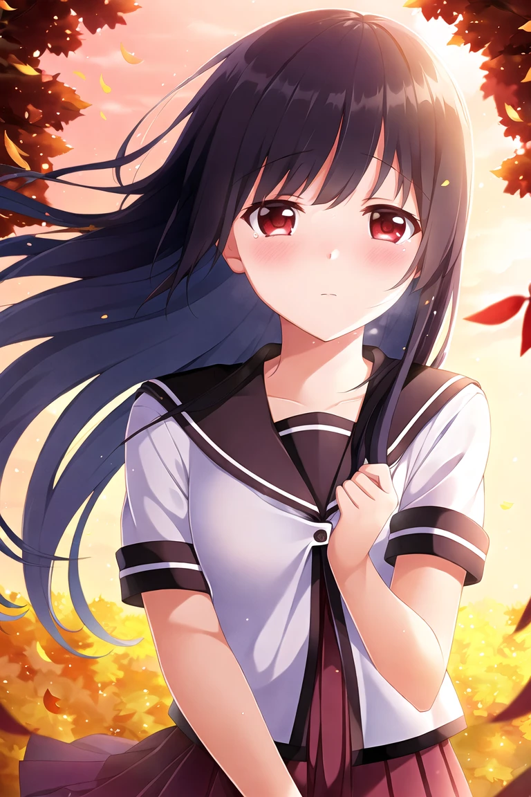 masterpiece, high quality, 1girl, matsumoto rise, wind blowing hair, gentle expression, soft smile, melancholic, teary eyes, looking up, soft lighting, fantasy atmosphere, floating lights, glowing particles, subtle magic, ethereal glow, warm color palette, autumn leaves, dreamy background, emotional depth, delicate features, nanamori school uniform, serene landscape, gentle breeze, cinematic lighting, magical realism