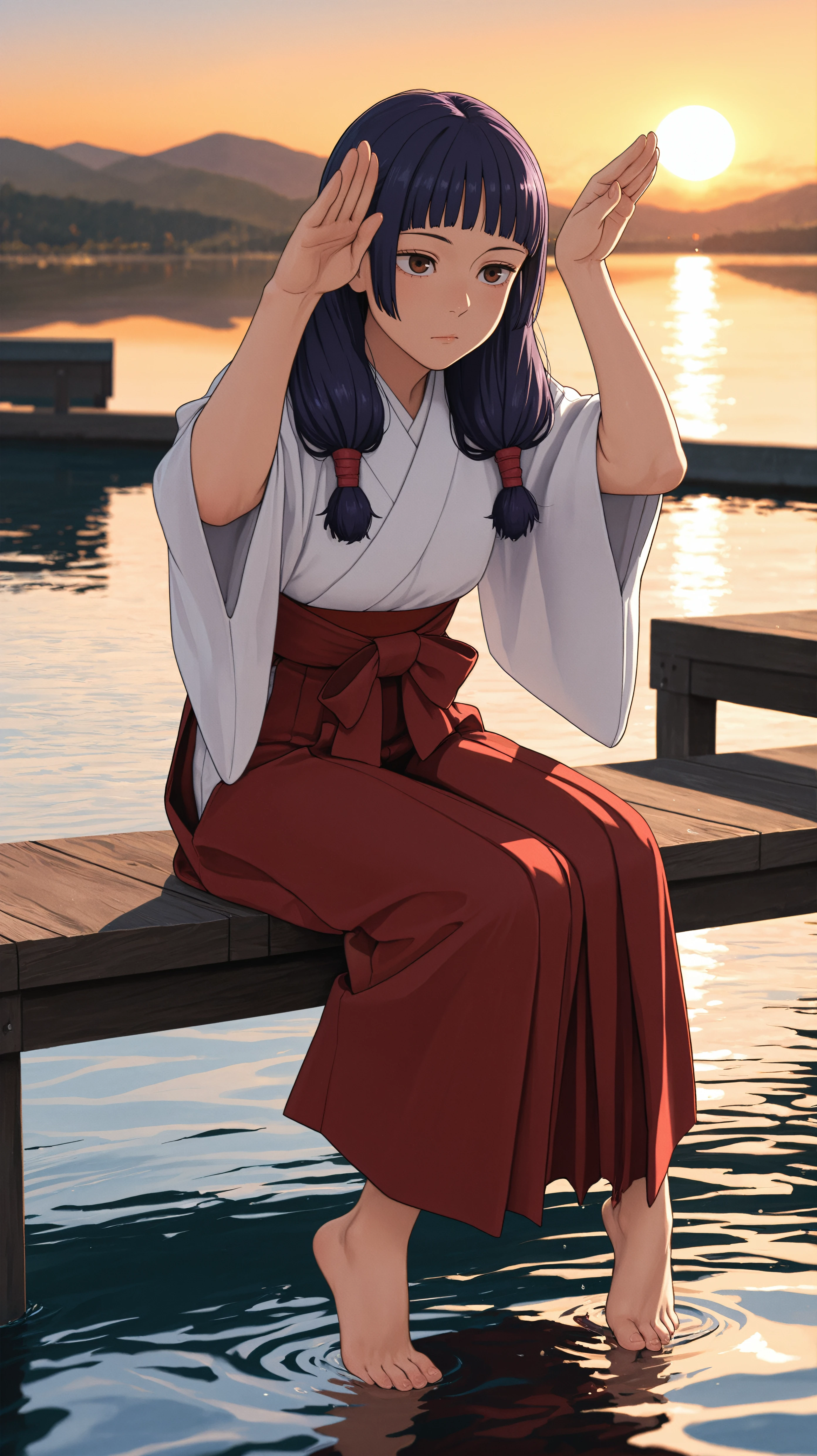 masterpiece, best quality, amazing quality, girl, bunny pose, <lora:Utahime Iori - Illu:0.9>, bUtahime, purple hair, twintails, bangs, brown eyes, red hakama skirt, sunset, lake, sitting on a dock, feet in water, barefoot, solo,
