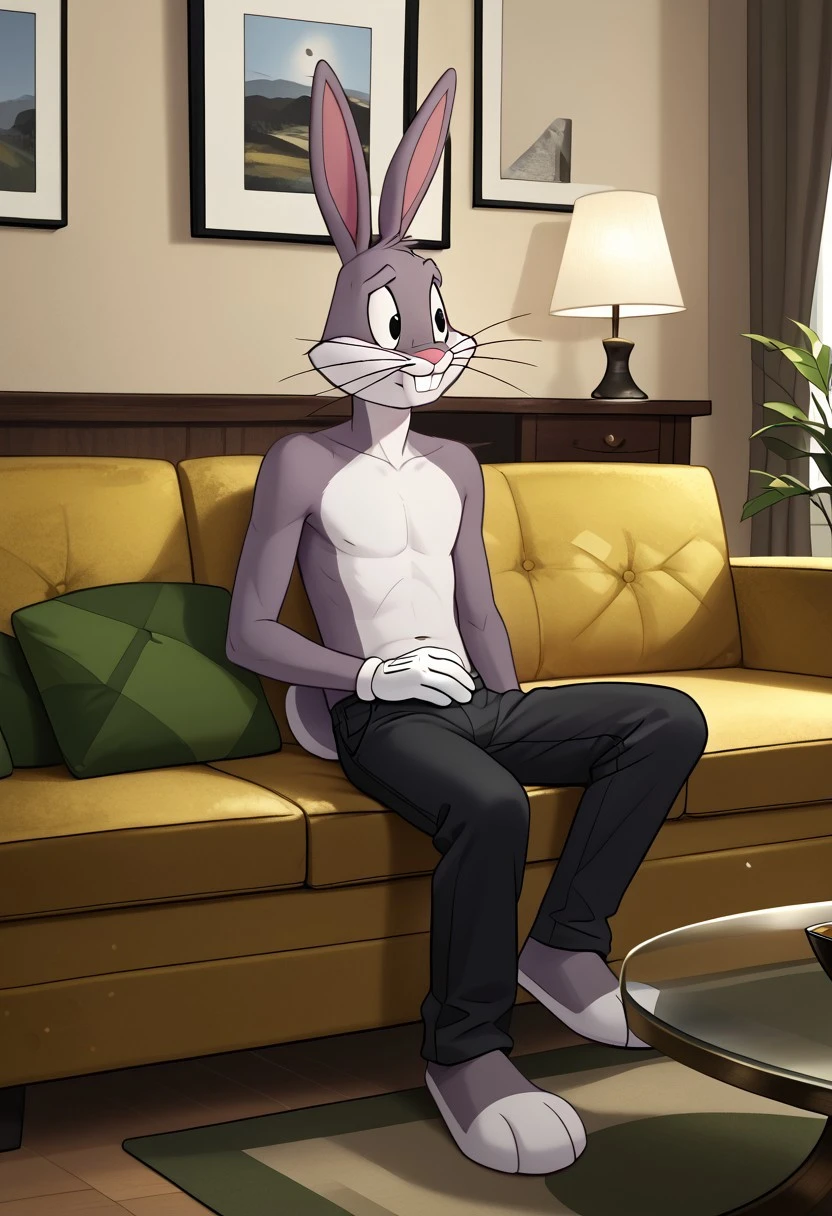 score_9_up, score_8_up, score_7_up, masterpiece, best quality, amazing quality, very aesthetic, absurdres, newest, high quality, detailed, male, solo male, BugsBunny, 1boy, mature male, male, athletic build, rabbit, black eyes, grey fur, light underbelly, whiskers, sitting on couch, black pants, topless, modern living room, watching TV