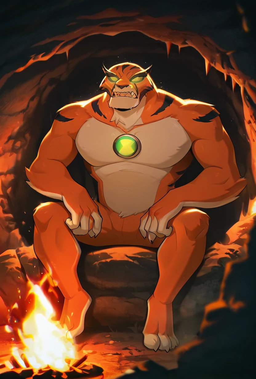 <lora:rath-10:1> rath, furry, 1boy, green eyes, green sclera, solo, no humans, tiger strips , fangs, orange fur, sharp teeth, big arms, no pupils, big body, black eyebrows, <lora:WSSKX_WAI:1> glowing eyes, inside cave, scratching walls, fire, sitting near fire, campfire, cave paintings, claw marks,, masterpiece, best quality, amazing quality, very aesthetic, absurdres, newest,