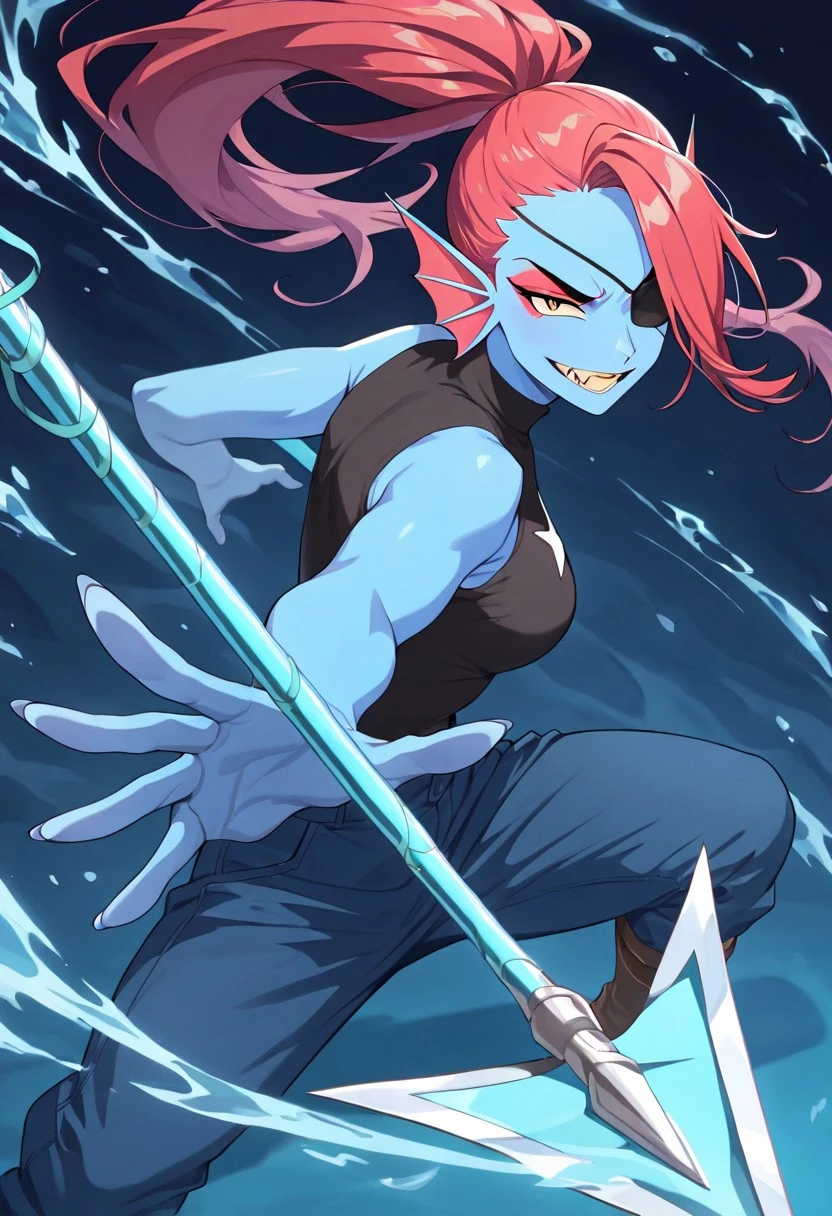 masterpiece, best quality, newest, absurdres, highres, anime, anime style, DPDV1.0, dynamic pose, polearm, holding polearm, holding weapon, weapon, 
1girl, undyne, eyepatch, head fins, red hair, blue skin, blue colored skin, colored skin,
spear, holding spear,