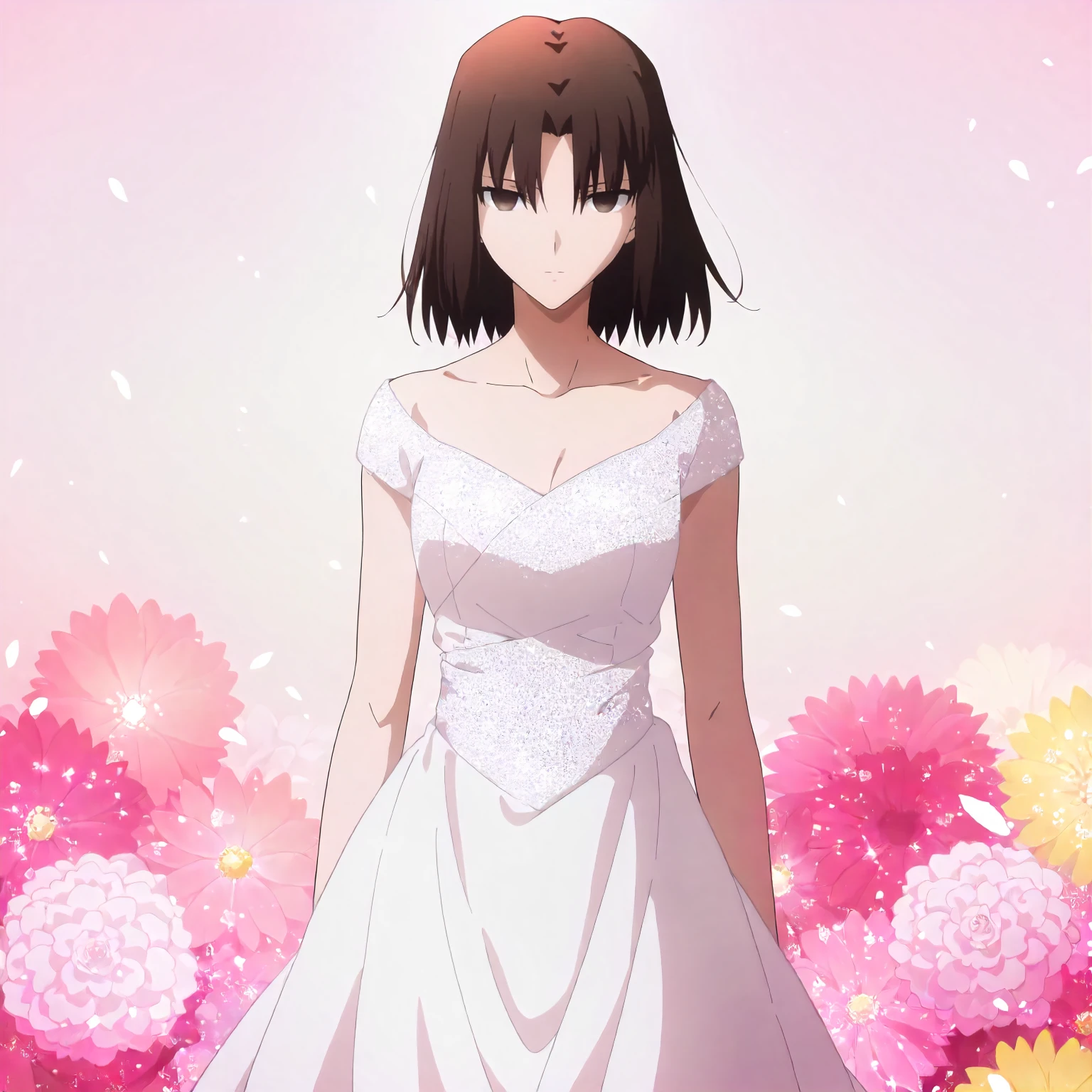 <lora:KnK_ryougi_shikiXLIllustrious001>,
masterpiece,best quality,good quality,newest,
flower background,glitter,
expressionless,
looking at viewer,
solo,
anime coloring,
ryougi_shiki\(kara_no_kyoukai\),1girl,black brown hair,medium hair,brown eyes,
cowboy shot,standing,
wedding_dress,