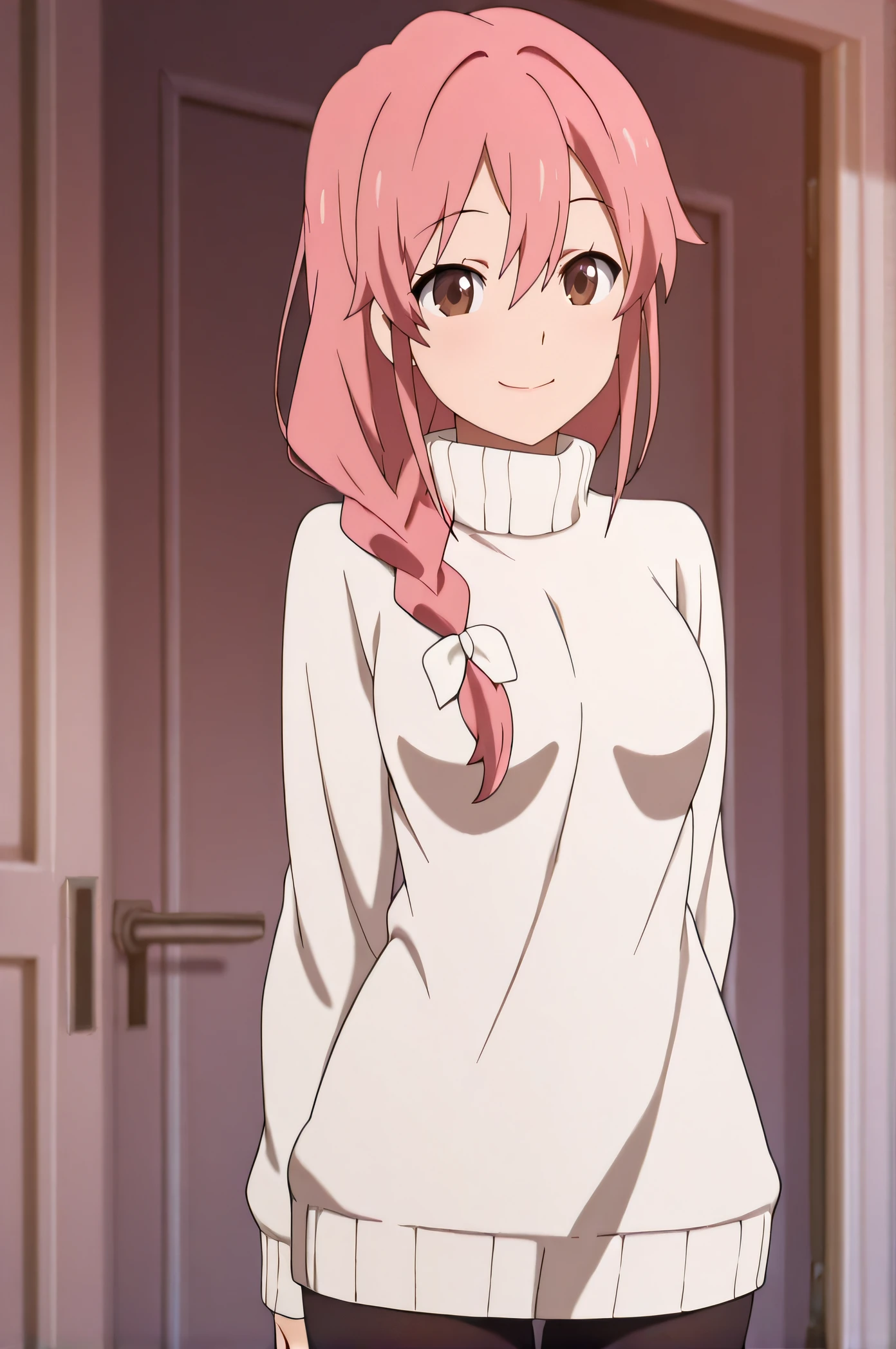 masterpiece, best quality, highres, newest, 1girl, solo, official style, anime screencap, <lora:Subaru_Mom:1>, subarumother, pink hair, hair over shoulder, hair bow, braid, brown eyes, white sweater, turtleneck, medium breasts, black pantyhose, looking at viewer, smile, indoor, cowboy shot