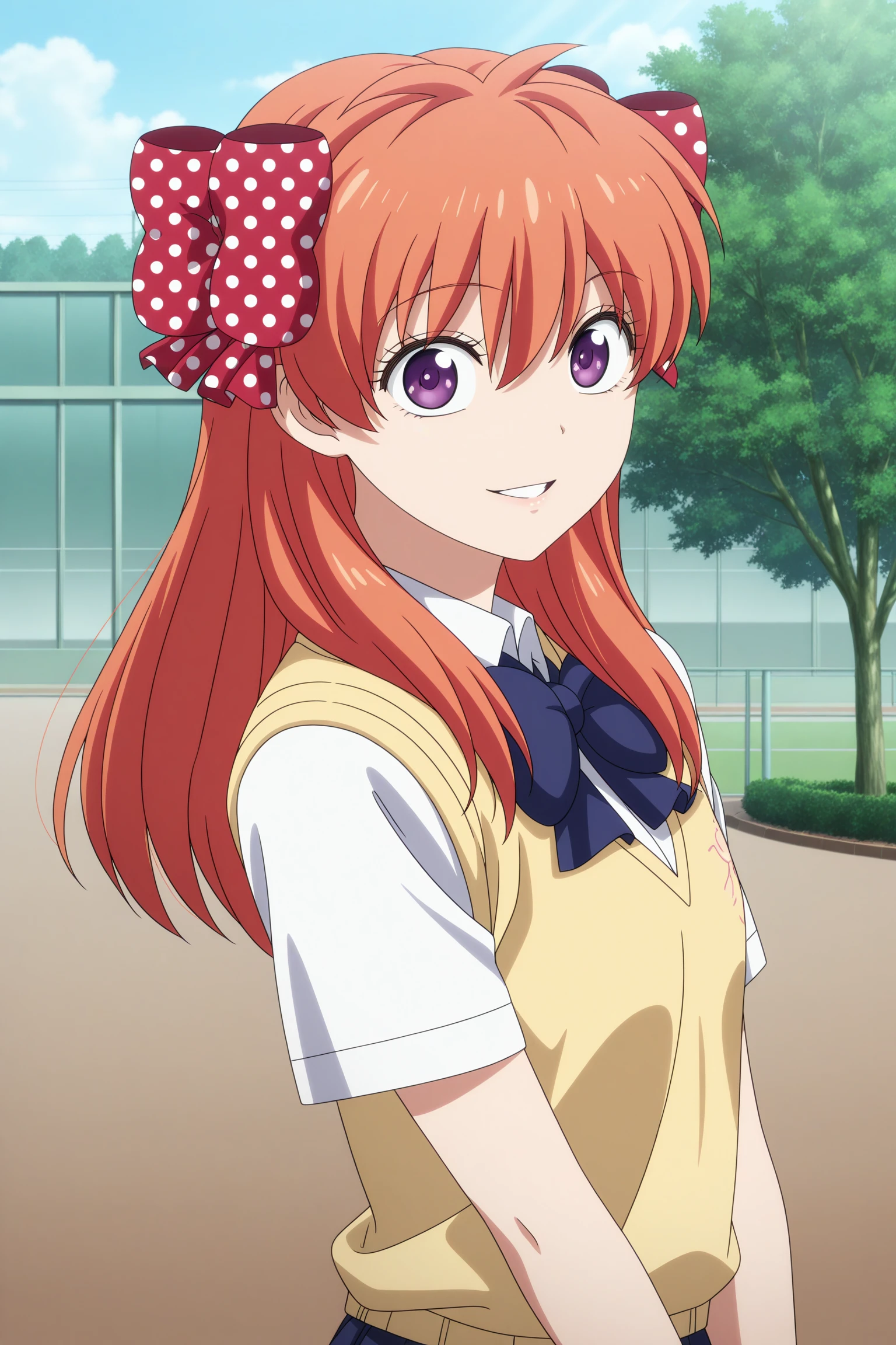 masterpiece, best quality, amazing quality, highres, absurdres, very aesthetic, high resolution, ultra detailed, perfect details, 1girl, solo, outdoors, school, day, sunlight, sakura chiyo, long hair, orange hair, red hair ribbon, polka dot ribbon, purple eyes, short sleeves, white shirt, collared shirt, yellow sweater vest, blue bowtie, blue skirt, pleated skirt, black thighhighs, brown footwear, loafers, <lora:Chiyo_Sakura_ILXL:0.8>, aged up, (upper body:1.5), looking at viewer, smile, (anime coloring:1.5), (pose:1.1), parted lips