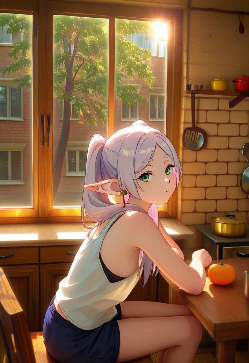 masterpiece, high quality, 1girl, solo, frieren, tank top, shorts, looking at viewer, upper body, sitting, hrushch, kitchen, table, window, sunlight, tree, building, from side,