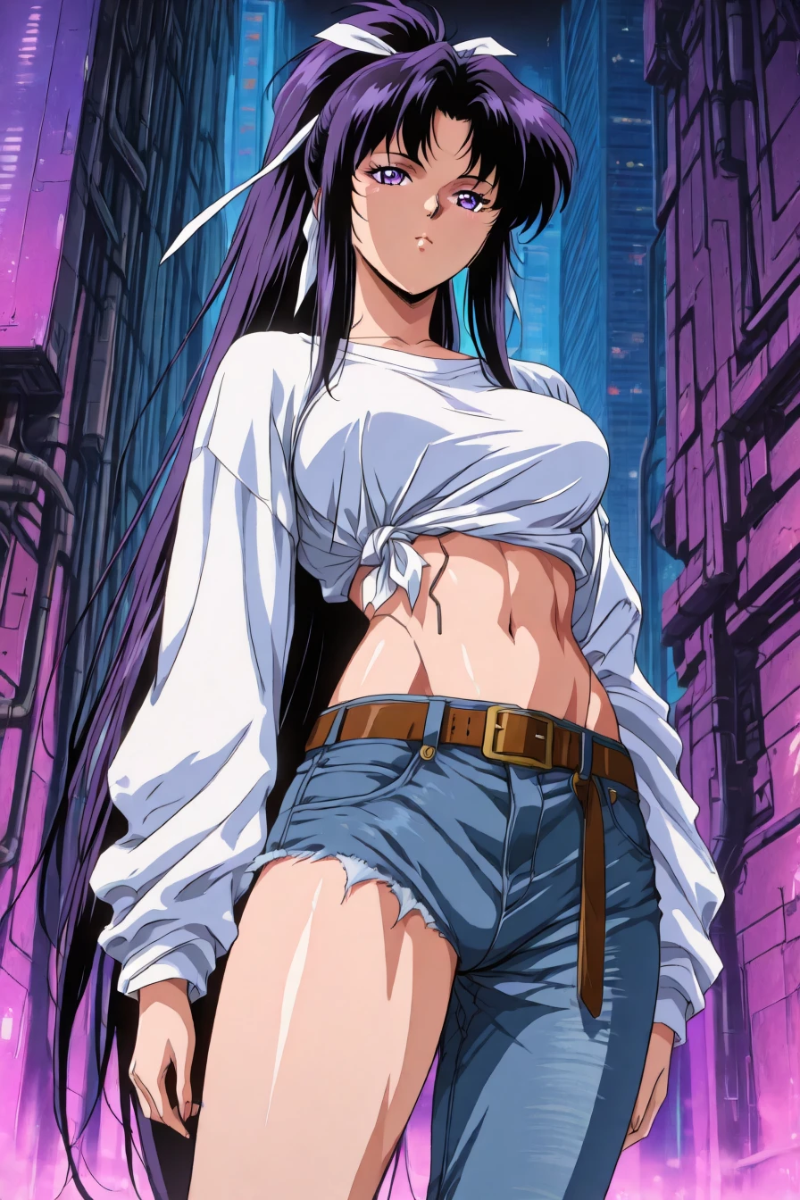 looking at the viewer, asymmetrical clothes, navel, purple eyes, very long hair, tied shirt, midriff, hair ribbon, single pantsleg, white shirt, ponytail, black hair, large breasts, jeans, white ribbon, brown belt, purple hair, asymmetrical legwear, 1girl, solo, alone, cyberpunk city, <lora:retro_cyberpunk_fusion_illustriousXL_by_zura_janai:1>, retro_cyberpunk_fusion, retro, retro artstyle, masterpiece, highres