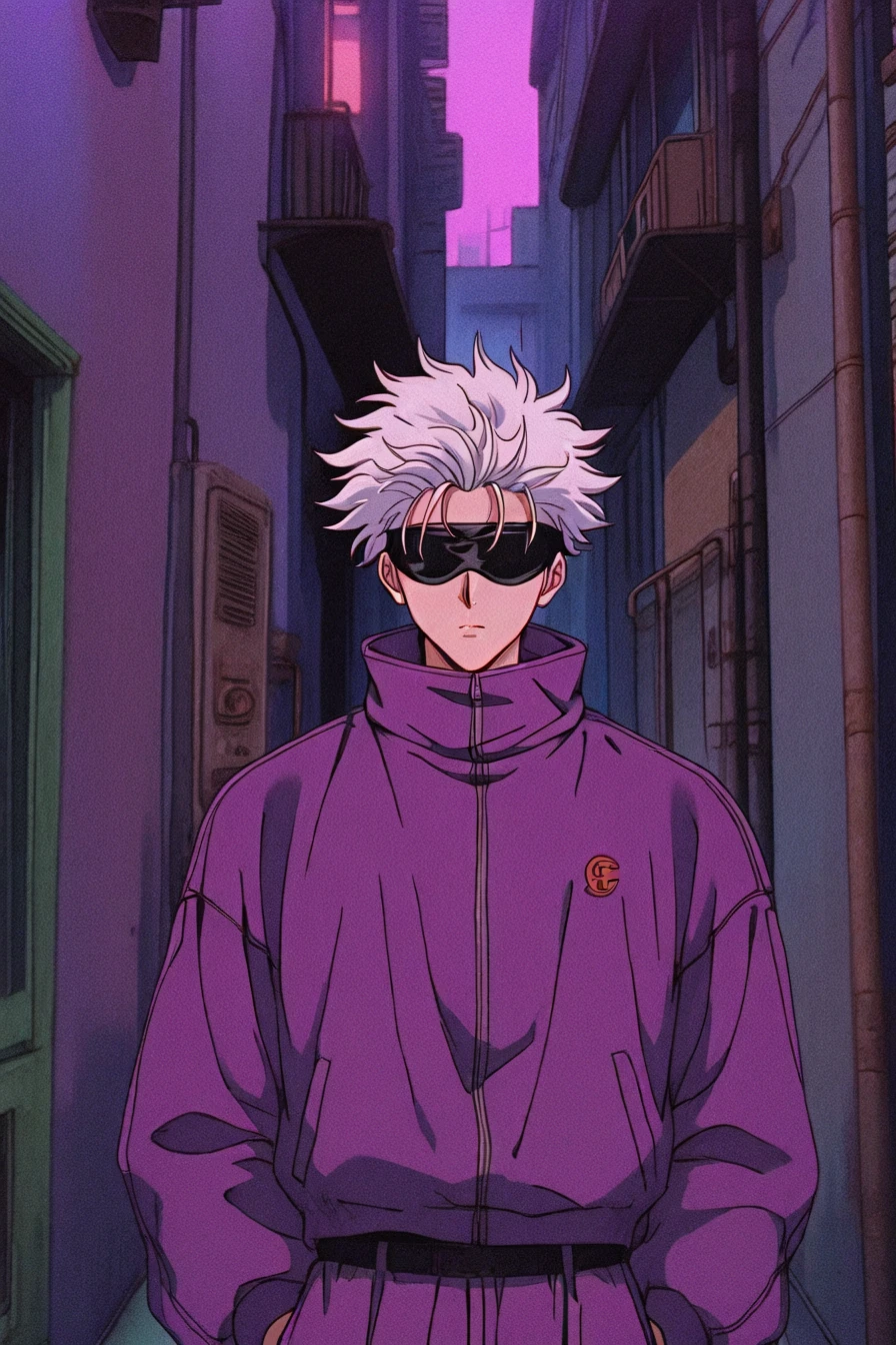 gojou satoru, white hair, purple pants, high collar, blindfold, covered eyes, black blindfold, purple jacket, purple pants, 1boy, solo, alone, alley, building, upper body, <lora:retro_lofi_vibe:1>, retro_lofi_vibe, retro artstyle, masterpiece, highres