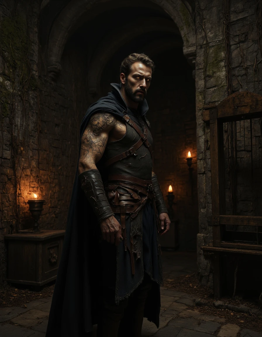 <lora:{moody, }Moody-000019:0.85> moody, A hauntingly realistic image of a dark, damp dungeon, set in a long-abandoned castle, with cold, grey stone walls covered in moss and vines, and a low, vaulted ceiling that seems to press down upon the space. The main subject is a figure of a tall, imposing man with a rugged, weathered complexion, a strong jawline, and piercing brown eyes that seem to burn with a deep-seated hatred. His dark hair is unkempt and falls to his shoulders, and he has a thick, black beard that reaches down to his chest. He wears a tattered, black cloak with a hood that casts a shadow over his face, and his muscular build is evident even under the worn, leather armor that covers his torso. His expression is one of intense anger, his eyes blazing with a fierce inner fire, and his mouth set in a grim, determined line. The lighting is dim, with only a few flickering torches set into the walls to illuminate the space, casting eerie, dancing shadows on the stone floor. The atmosphere is heavy with malevolence, and the air seems to vibrate with tension. In the background, the blurred shapes of rusted iron bars, old wooden torture racks, and other instruments of torment hint at the dark history of the dungeon. The shot is a wide-angle, cinematic view, with a shallow depth of field that focuses sharply on the man while softly blurring the background, and a hint of grain and texture that adds to the overall sense of realism. The image is rendered in exquisite, 4k detail, with every stone, every rust spot, and every thread of the man's cloak visible in stark, photorealistic clarity. The overall mood is one of dark, foreboding menace, and the image seems to pulse with a deep, abiding sense of hatred and malevolence. 8k highest resolution with sharp intricate details. Hyperrealistic, detailed, and vivid. . 35mm photograph, film, bokeh, professional, 4k, highly detailed
