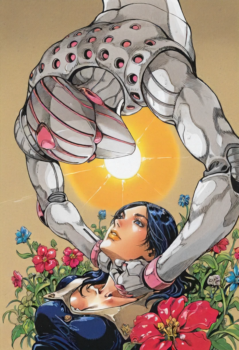 1girl,stand (jojo), upper body, sun, flowers, detailed face, fight, best quality, jojo style by araki hirohiko