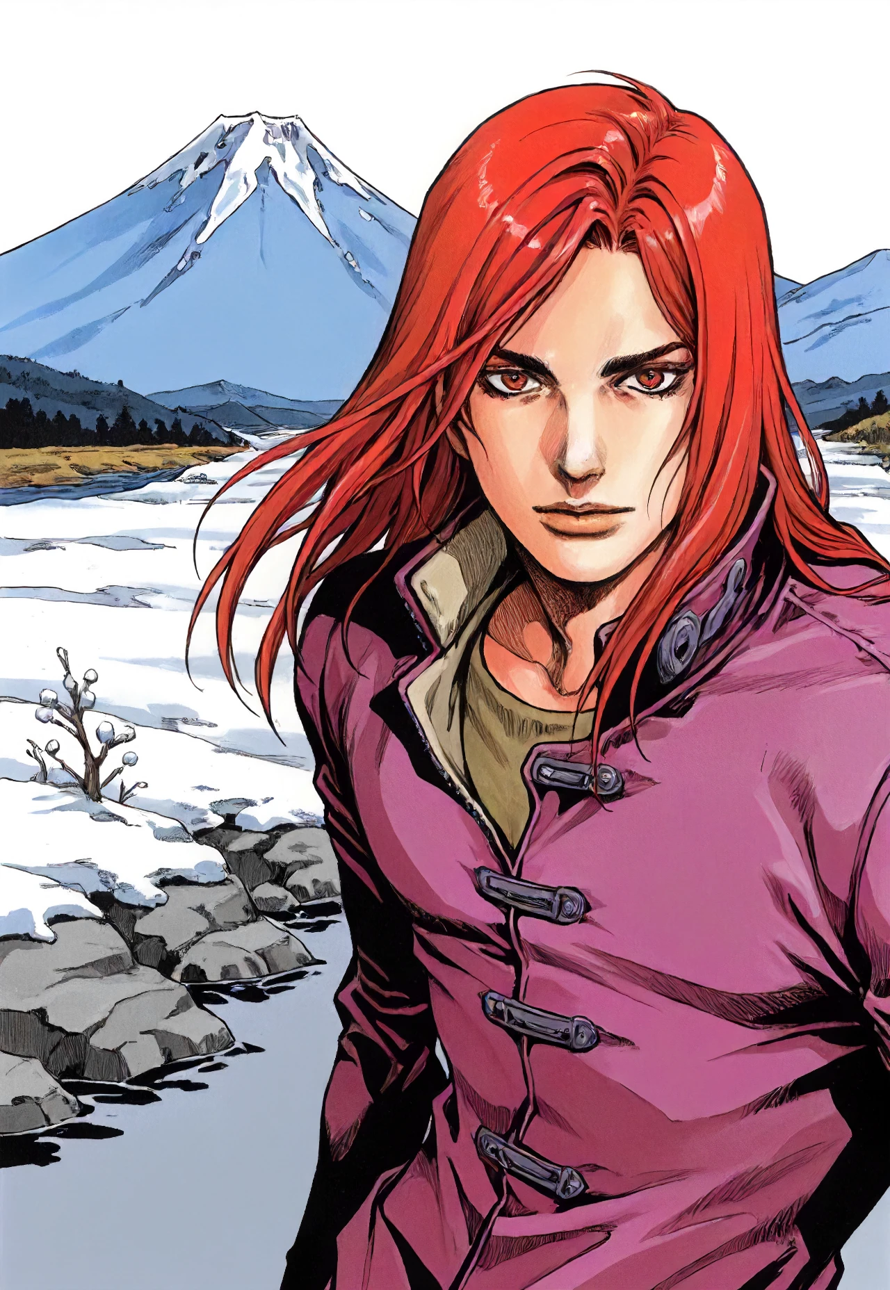 1man ,upper body, snow, mountain with river, detailed face, look at viewer, long red hair, best quality, jojo style by araki hirohiko