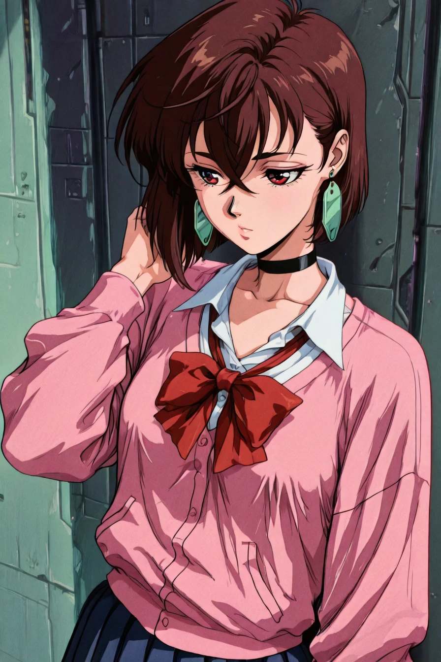 <lora:ayase_momo-koto-Illustrious v01:0.4> ayasemomo, hair between eyes, crossed bangs, green earrings, brown hair, red eyes, black choker, short hair, white shirt, red bowtie,pleated skirt,school uniform, pink cardigan, long sleeves, 1girl, solo, alone, <lora:retro_cyberpunk_fusion_illustriousXL_by_zura_janai:1>, retro_cyberpunk_fusion, retro, retro artstyle, masterpiece, highres