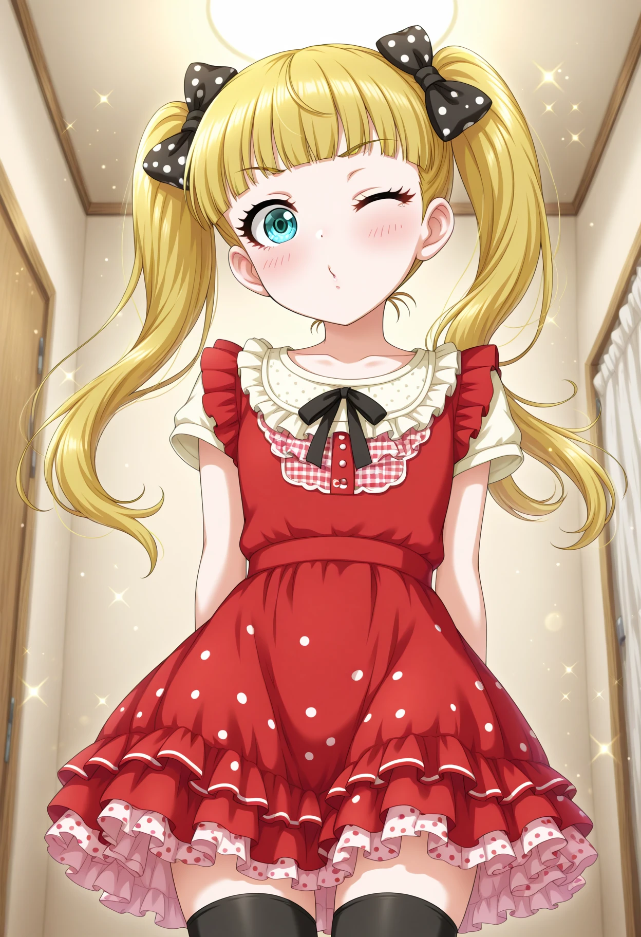 masterpiece, best quality, amazing quality, 1girl, solo, makeup, blush, upper body, perspective, front angle, dynamic, general, sparkle, one eye closed, front apartment, <lora:Mary_Cochran_Cinderella:1>, Mary_Cochran_Cinderella, long hair, blonde hair, twintails, hair bow, blue eyes, blunt bangs, red dress, polka dot, black hair ribbon, frills, thighhighs, <lora:wai-Rectified-s:1>, <lora:prompt_extend:1>