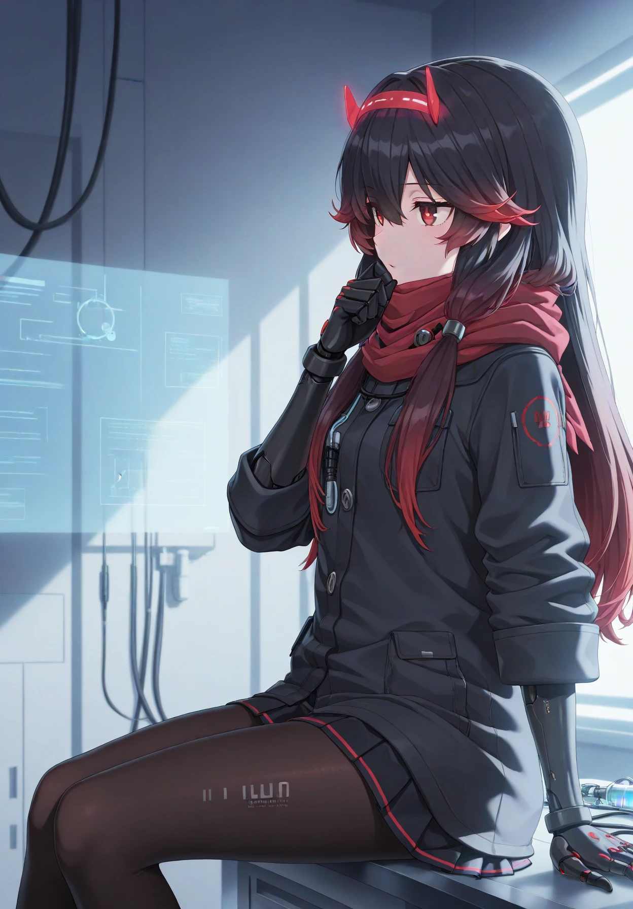highres, hi res, best quality, masterpiece, intricate details, 4k, anime coloring, 1girl, cute, gradient hair, black hair, hair between eyes, black gloves, red hair, red eyes, bangs, scarf, skirt, solo, two-tone hair, dark pantyhose, glowing monitors, mechanical arms, cold lighting, holograms, futuristic setting, thoughtful expression, sitting on table, cables around, from side, side view, hand to mouth, thinking, looking away, lab equipment, subtle glow, masterpiece, amazing quality, best quality, ultra-detailed, 8K, illustration, CG, clear skin<lora:Lucia_Lotus_-_PGR_r1:0.95>