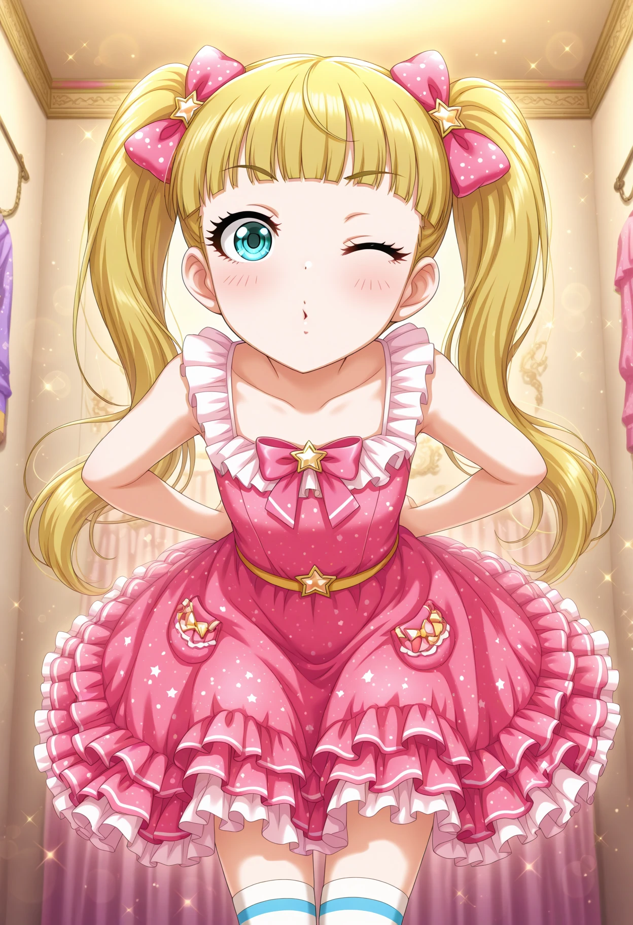 masterpiece, best quality, amazing quality, 1girl, solo, makeup, blush, upper body, perspective, front angle, dynamic, general, sparkle, one eye closed, dressing room, <lora:Mary_Cochran_Cinderella:1>, Mary_Cochran_Cinderella, long hair, blonde hair, twintails, hair bow, blue eyes, blunt bangs, idol dress, stage dress, star \(symbol\), hair ribbon, frills, thighhighs, <lora:wai-Rectified-s:1>, <lora:prompt_extend:1>