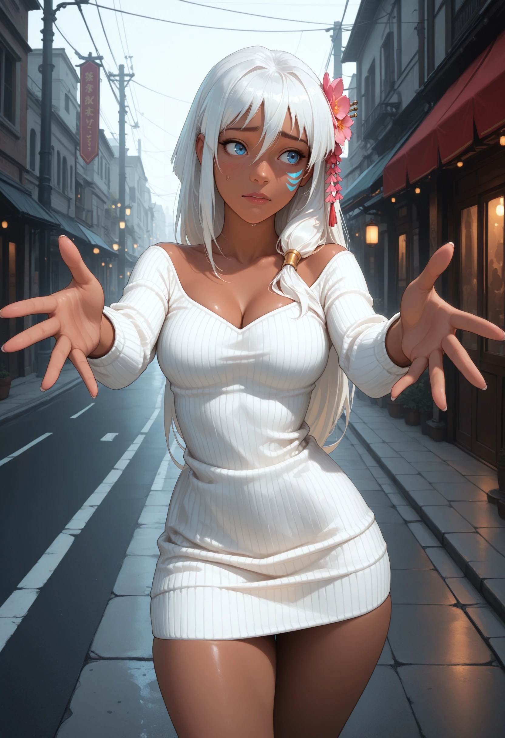 1girl, flat chest, oil, slender, pointy breasts, white hair,very long hair, cowboy shot,city streets, very long nipples