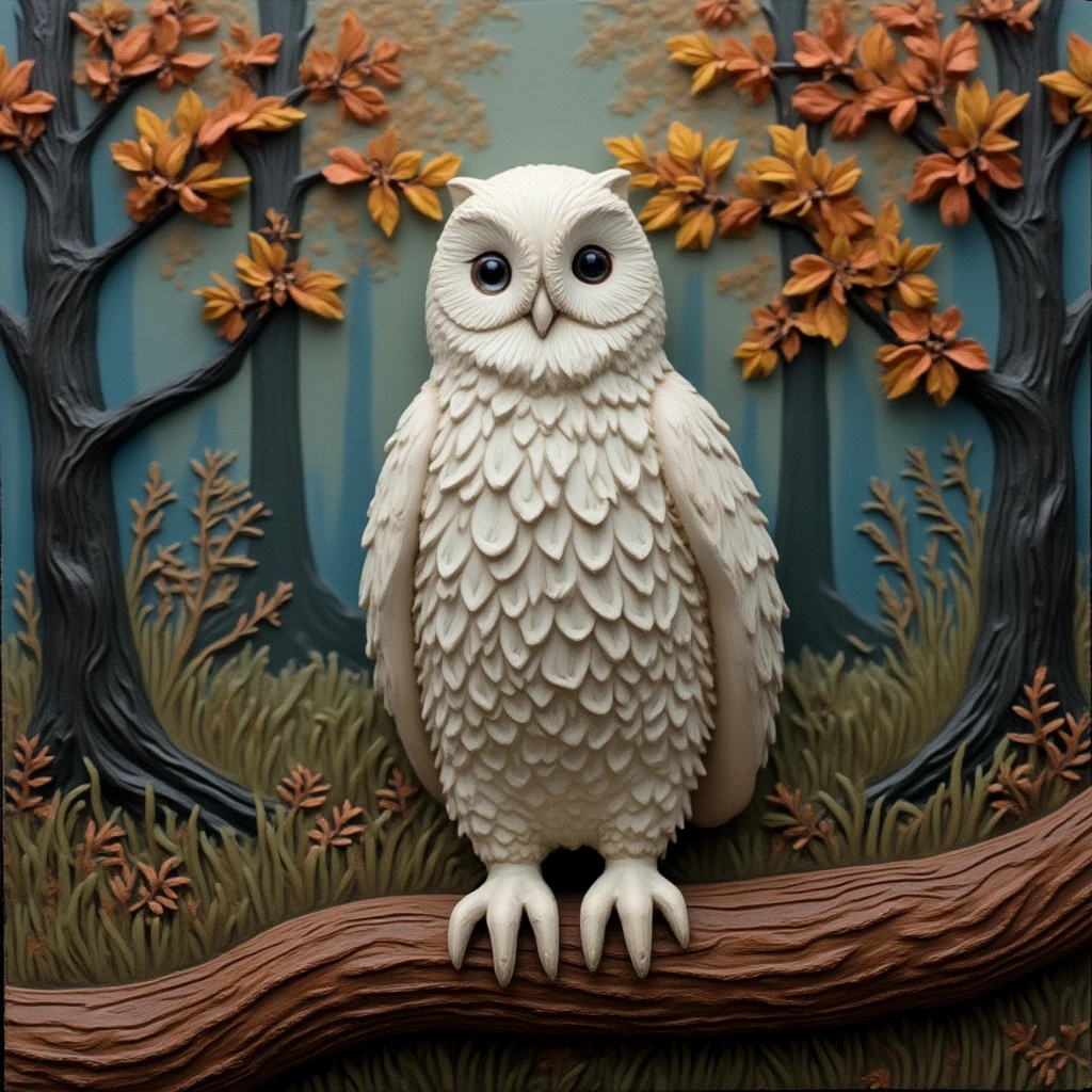 Clay art. A white owl on a branch in the forest.

clyartCE_style