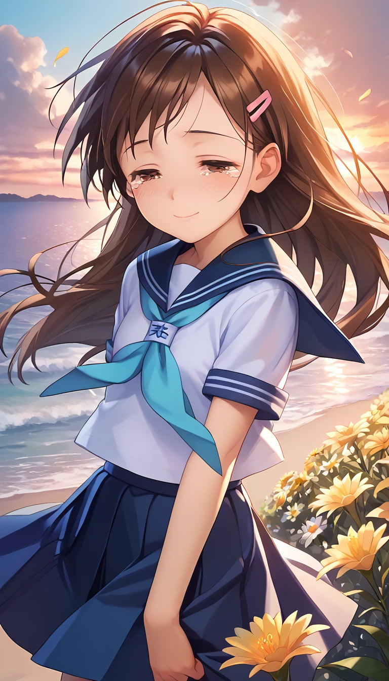 anime screencap,score_9,score_8_up,score_7_up,source_anime,official style,
BREAK
best quality,((masterpiece)),highly detailed,ultra-detailed,(illustration),(beautiful detailed eyes),
1girl,solo,outdoors,sea skyline,numerous flower(narcissu),sunset,wind lift,narcissu_petals,mid_shot,
gloom,half-closed eyes,tears,light smile,closed mouth,
BREAK
<lora:(PONY)SETSUMI-10:1>,narcissu,setsumi_sakura,brown hair,brown eyes,long hair,school uniform,white serafuku,pink hairclip,aqua neckerchief,skirt,blue sailor collar,
BREAK
<lora:badanatomy_AutismMix_negative_LORA:-0.3>,
