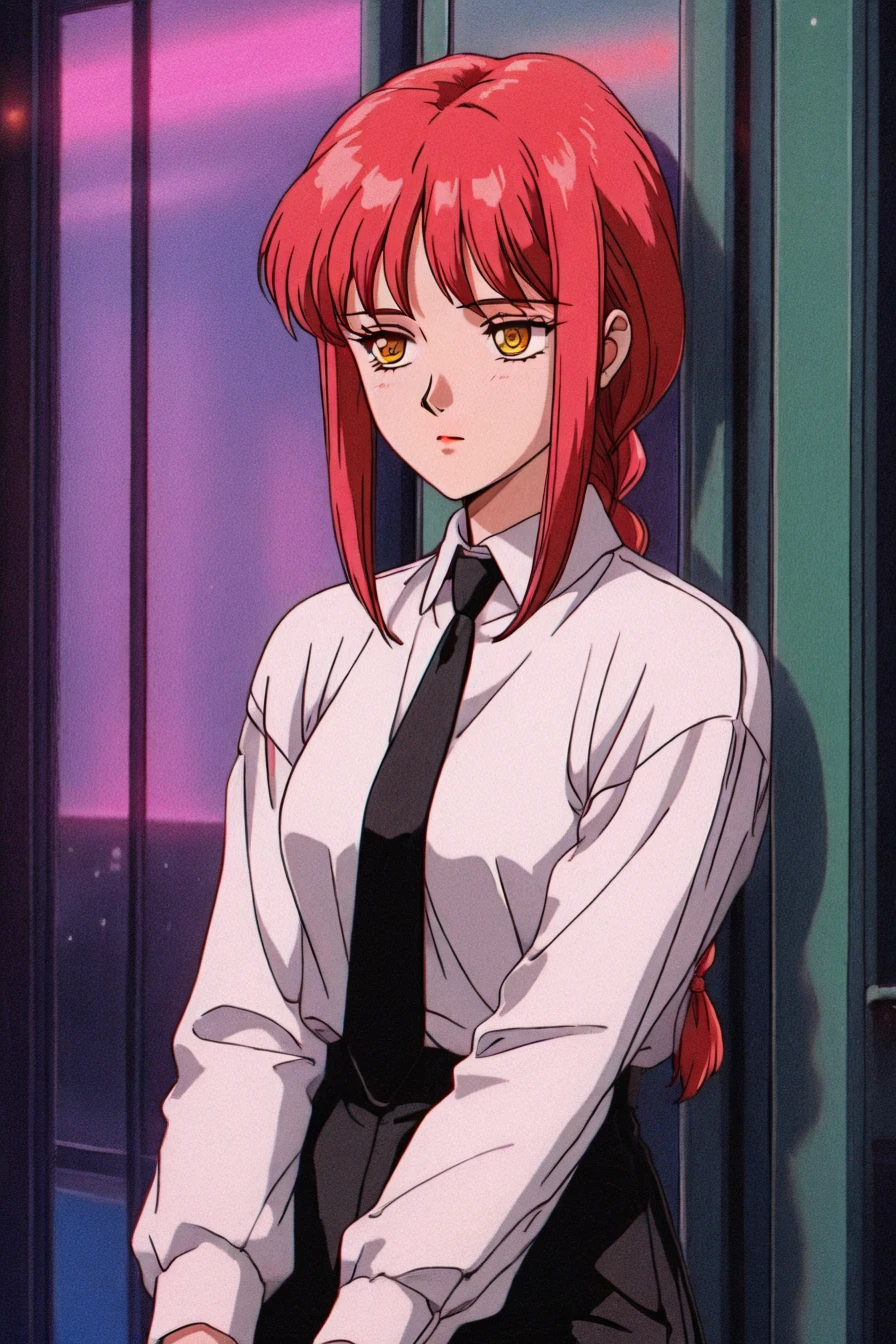 makima, red hair, long hair, yellow eyes, ringed eyes, braid, white collared shirt,black necktie, black pants, 1girl, solo, alone, <lora:retro_lofi_vibe:1>, retro_lofi_vibe, retro artstyle, masterpiece, highres