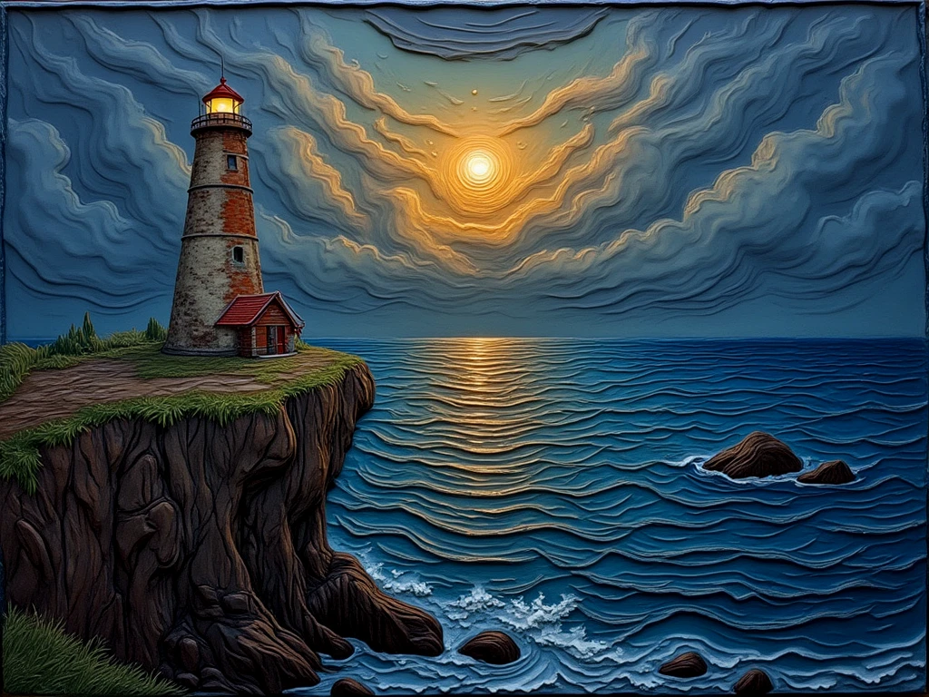 Textured clay art. 

Dark. 

A lighthouse on a cliff, overlooking the ocean, sending a beam of light upon the sea.

fantasy style.

clyartCE_style