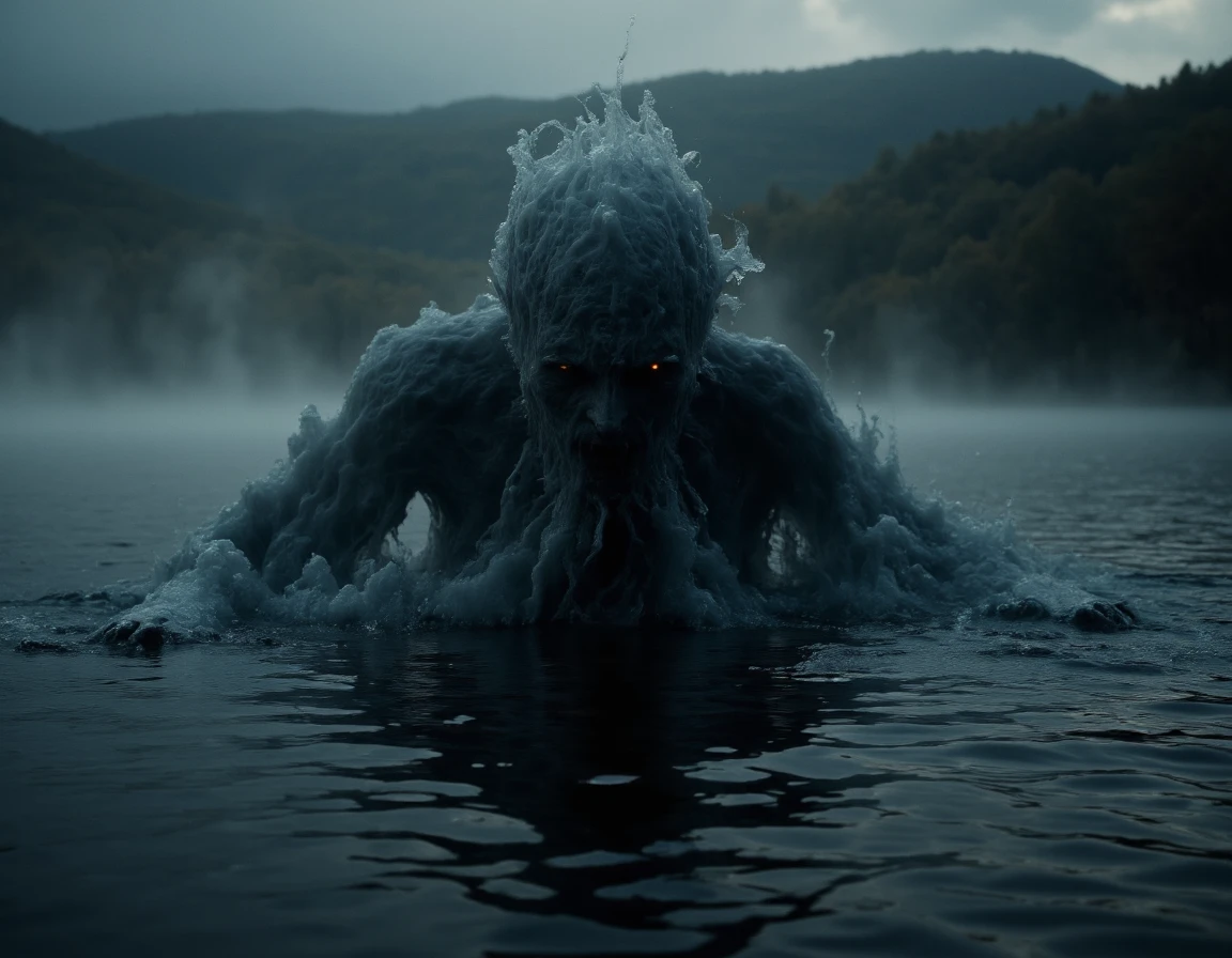 <lora:{moody, }Moody-000019:0.85> moody, A hauntingly realistic 4K image of a dark, foreboding entity emerging from the depths of a serene lake at dusk, its form composed of swirling, murky water that seems to defy the laws of nature. The entity's skin is a deep, rich blue, resembling the darkest tones of the lake's water, with an almost liquid texture that appears to shift and ripple in the fading light. Its features are indistinct, yet menacing, with glowing, ethereal eyes that seem to pierce through the gloom. The surrounding environment is heavily atmospheric, with thick, heavy mist rising from the lake's surface, casting an eerie, impenetrable veil over the scene. The lighting is muted, with the last remnants of sunlight casting long, ominous shadows across the water, and the sky above a deep, foreboding grey. The entity's presence seems to be disturbing the natural balance of the lake, causing the water to churn and foam in a manner that is both captivating and terrifying. The shot is a wide-angle, cinematic view, capturing the full majesty of the entity as it rises from the depths, with a shallow depth of field that blurs the distant trees and hills, drawing the viewer's attention inexorably to the creature. The image features a high level of photorealistic detail, with intricate, realistic renderings of the water's surface, and the entity's dark, liquid form. The overall mood is one of creeping, existential dread, as if the viewer is witnessing something that was meant to remain hidden. The texture of the image is hyper-detailed, with visible ripples and waves on the lake's surface, and the entity's form appears almost tangible, as if it could reach out and touch the viewer at any moment. The color palette is dark and muted, with shades of blue and grey dominating the scene, and the only sound is the faint, unsettling lapping of the water against the shore. The image is a masterclass in building tension and unease, inviting the viewer to step into its dark, mysterious world, and confront the horrors that lurk within. The entity's presence seems to be growing, spreading its dark influence across the lake, and the image captures the moment just before it breaks free from the water's surface, leaving the viewer wondering what will happen next. The scene is frozen in time, a snapshot of a moment that will be etched in the viewer's mind forever, a reminder of the horrors that lurk just beneath the surface of our everyday world. The image ends with an unsettling sense of unease, leaving the viewer to ponder the entity's true nature, and the terror that it inspires. 8k highest resolution with sharp intricate details. Hyperrealistic, detailed, and vivid. . 35mm photograph, film, bokeh, professional, 4k, highly detailed