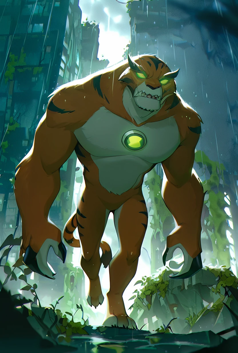 <lora:rath-10:1> rath, furry, 1boy, green eyes, green sclera, solo, no humans, tiger strips , fangs, orange fur, sharp teeth, big arms, no pupils, big body, black eyebrows, <lora:WSSKX_WAI:1> glowing eyes, ,overgrown city, post apocalypse, rainy day, sad day, grey skies,, masterpiece, best quality, amazing quality, very aesthetic, absurdres, newest,