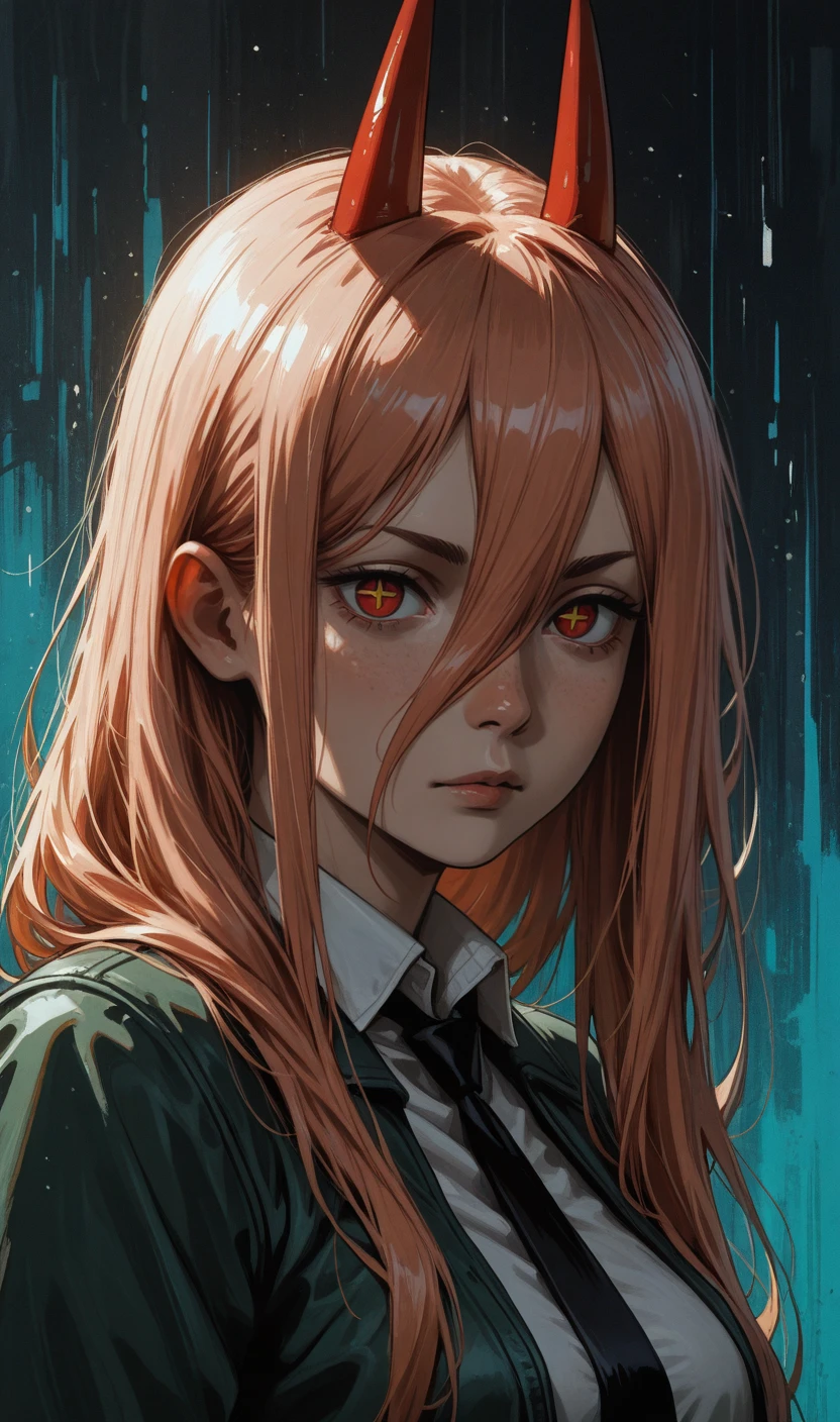 (masterpiece,best quality,amazing quality:1.2),very aesthetic,absurdres,highres,newest,ray tracing,attentive, 8k, original, <lora:dark:0.6>, solo, looking at viewer, power \(chainsaw man\), long hair, hair between eyes, red horns, red eyes, cross-shaped pupils, portrait, abstract art, <lora:Disco_Elysium_style:1>, disco_elysium, painterly, disco_elysium_style,