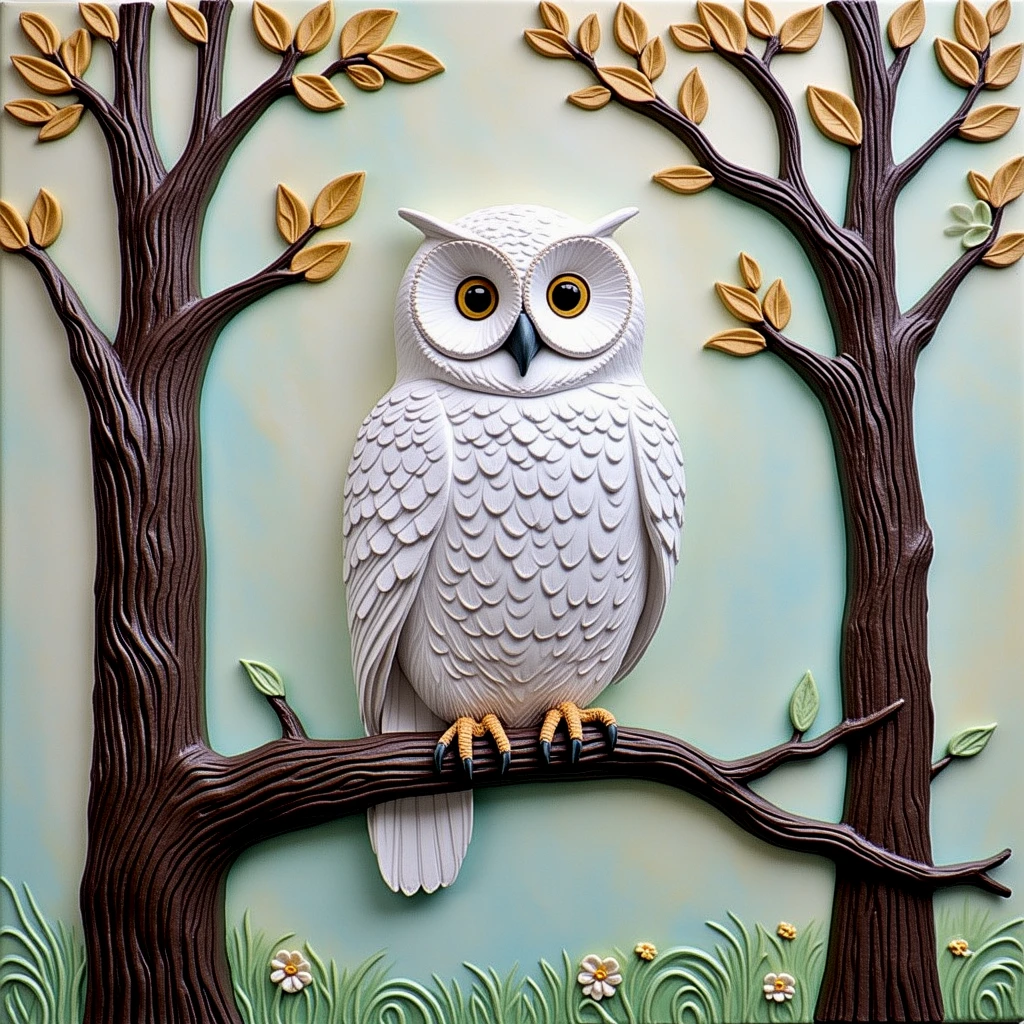 Clay art. A white owl on a branch in the forest.

clyartCE_style
