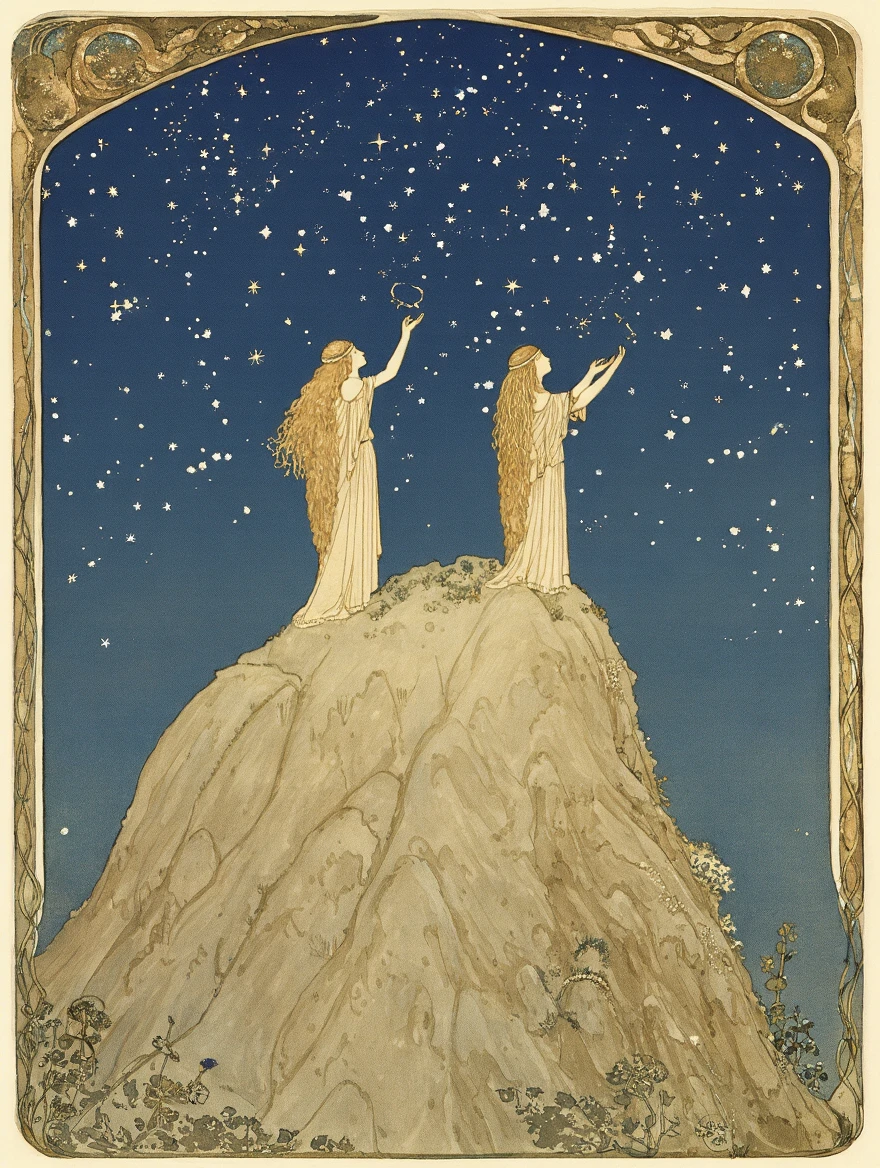 John Bauer style.  Two female oracles on top of a mountain divining the stars.
