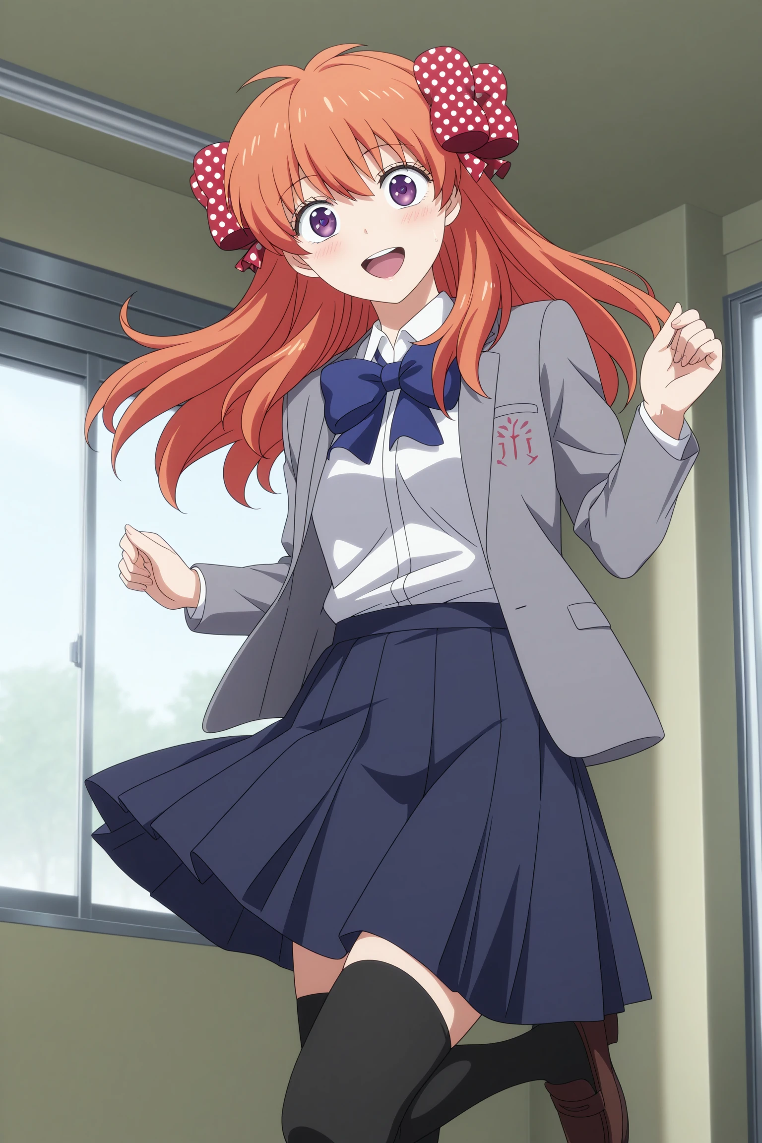 masterpiece, best quality, amazing quality, highres, absurdres, very aesthetic, high resolution, ultra detailed, perfect details, 1girl, solo, indoors, classrom, sakura chiyo, long hair, orange hair, red hair ribbon, polka dot ribbon, purple eyes, long sleeves, grey jacket, open jacket, white shirt, collared shirt, blue bowtie, blue skirt, pleated skirt, black thighhighs, brown footwear, loafers, <lora:Chiyo_Sakura_ILXL:0.8>, aged up, (foot out of frame:1.5), looking at viewer, smile, (anime coloring:1.5), (pose:1.1), open mouth, floating hair