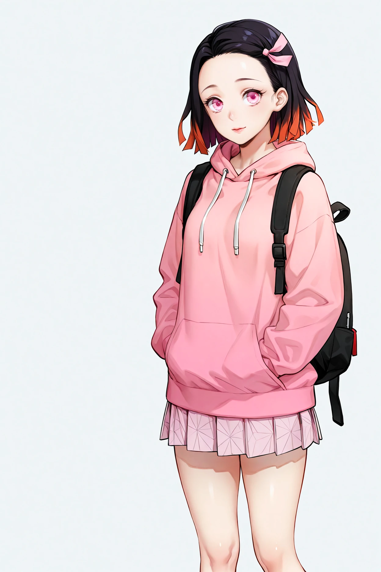 <lora:Nezuko1llust:0.8>,nezuko,
1girl, Kamado Nezuko, solo, modern - stylish appearance, long, gradient - colored hair with a vibrant pink ribbon, trendy hoodie in a soft pastel shade, hands casually placed in the pockets of high - waisted, pleated miniskirt. Big, expressive pink eyes looking directly at viewer. Wears a sleek backpack with metallic accents. Standing in a confident pose against a minimalist grey background. Outfit includes long - sleeved top peeking from under the hoodie, with a drawstring detail for added flair. Incorporates elements of an alternate, fashionable costume that still hints at her character roots.