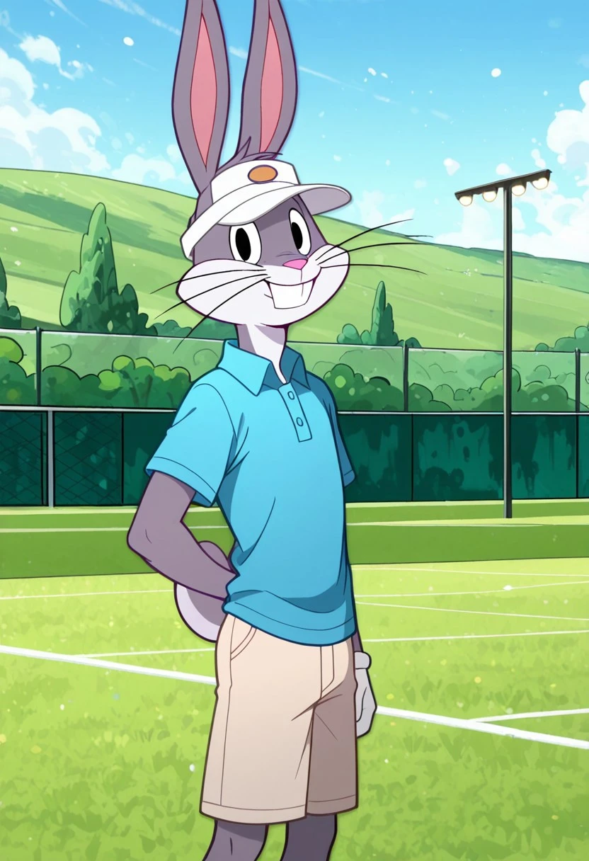 masterpiece, best quality, amazing quality, very aesthetic, absurdres, newest, high quality, detailed, male, solo male, BugsBunny, 1boy, mature male, male, athletic build:1.0, rabbit, black eyes, grey fur, light underbelly, whiskers, broad shoulders, blue polo shirt, tan shorts, white visor, outdoors, country club, looking at viewer, smiling, volumetric lighting, day time, half body