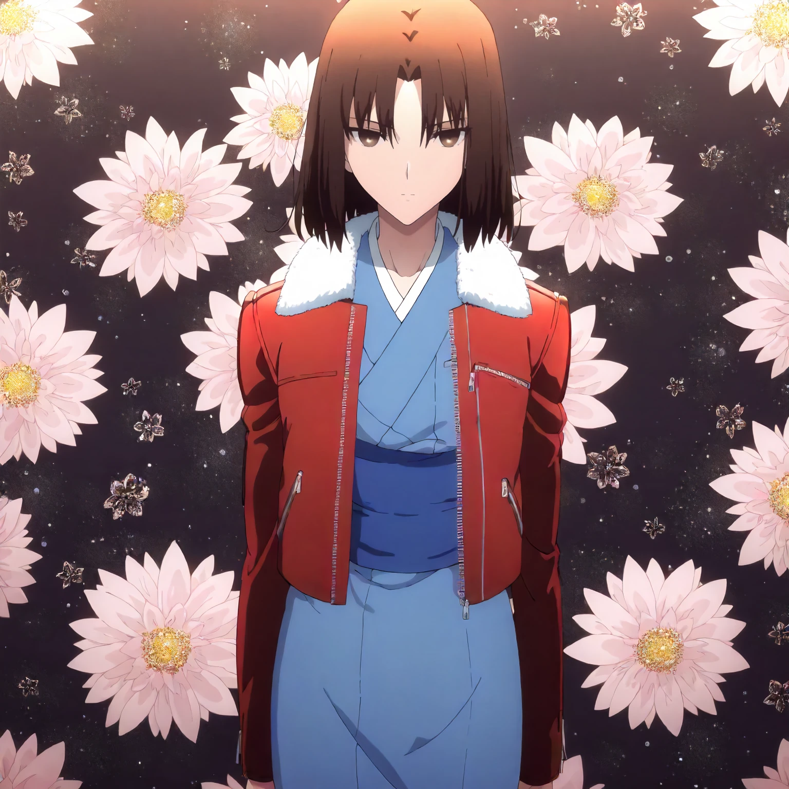 <lora:KnK_ryougi_shikiXLIllustrious001>,
masterpiece,best quality,good quality,newest,
flower background,glitter,
expressionless,
looking at viewer,
solo,
anime coloring,
ryougi_shiki\(kara_no_kyoukai\),1girl,black brown hair,medium hair,brown eyes,
fur_collar,red leather jacket,blue kimono,
standing,
