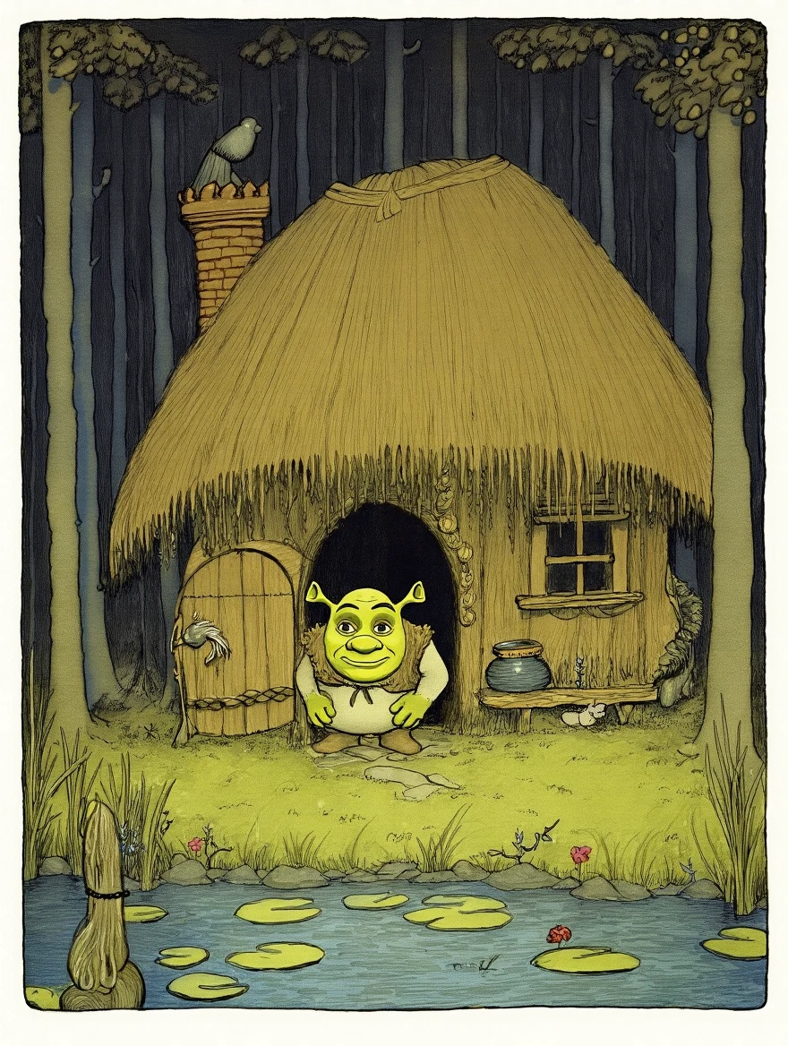 John Bauer style. Shrek in his swamp cottage.