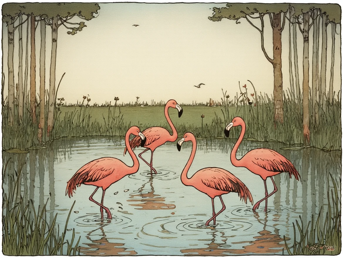 John Bauer style. Pond of flamigos.  Multiple flamingos splashing about in the pond.