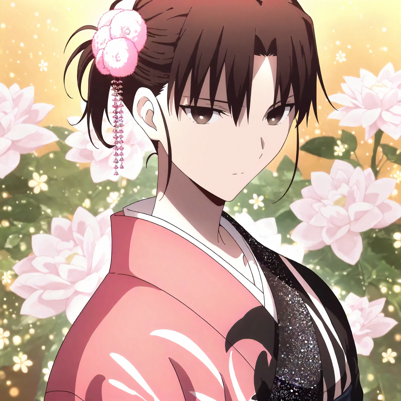 <lora:KnK_ryougi_shikiXLIllustrious001>,
masterpiece,best quality,good quality,newest,
flower background,glitter,
expressionless,
looking at viewer,
solo,
anime coloring,
ryougi_shiki\(kara_no_kyoukai\),1girl,black brown hair,short ponytail,hair_ornament,brown eyes,
pink and black print kimono,
standing,