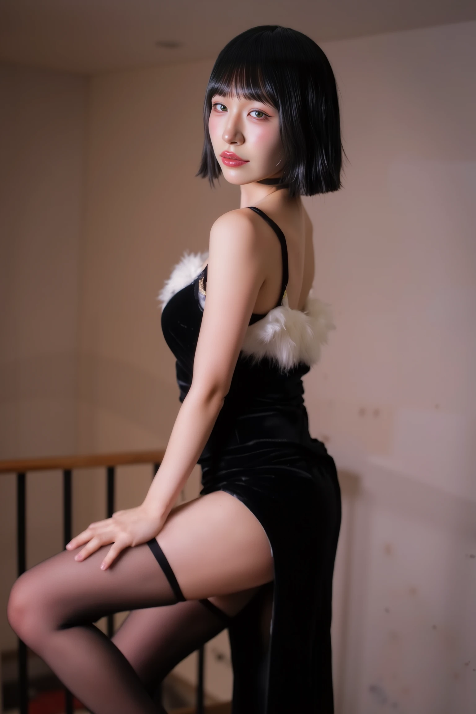 black hair, hair bobbles, wince, longeyelashes, solid circle eyes, fake animal ears, light smile, ear blush, fang, Surrealism, drop shadow, anaglyph, stereogram, tachi-e, pov, atmospheric perspective, 8k, super detail, ccurate, best quality