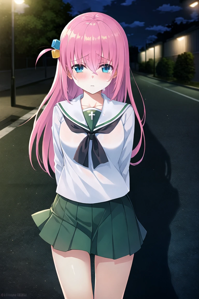 masterpiece, high quality, solo, 1girl, gotoh hitori, ooarai school uniform, emotional, sad, melancholic, nighttime, street lights, dramatic shadows, longing, introspective, moody atmosphere, wind, distant gaze, tears, soft lighting, cloudy sky, empty street, urban solitude, nostalgic, reflective, pained expression, blurry background, loneliness, silhouette