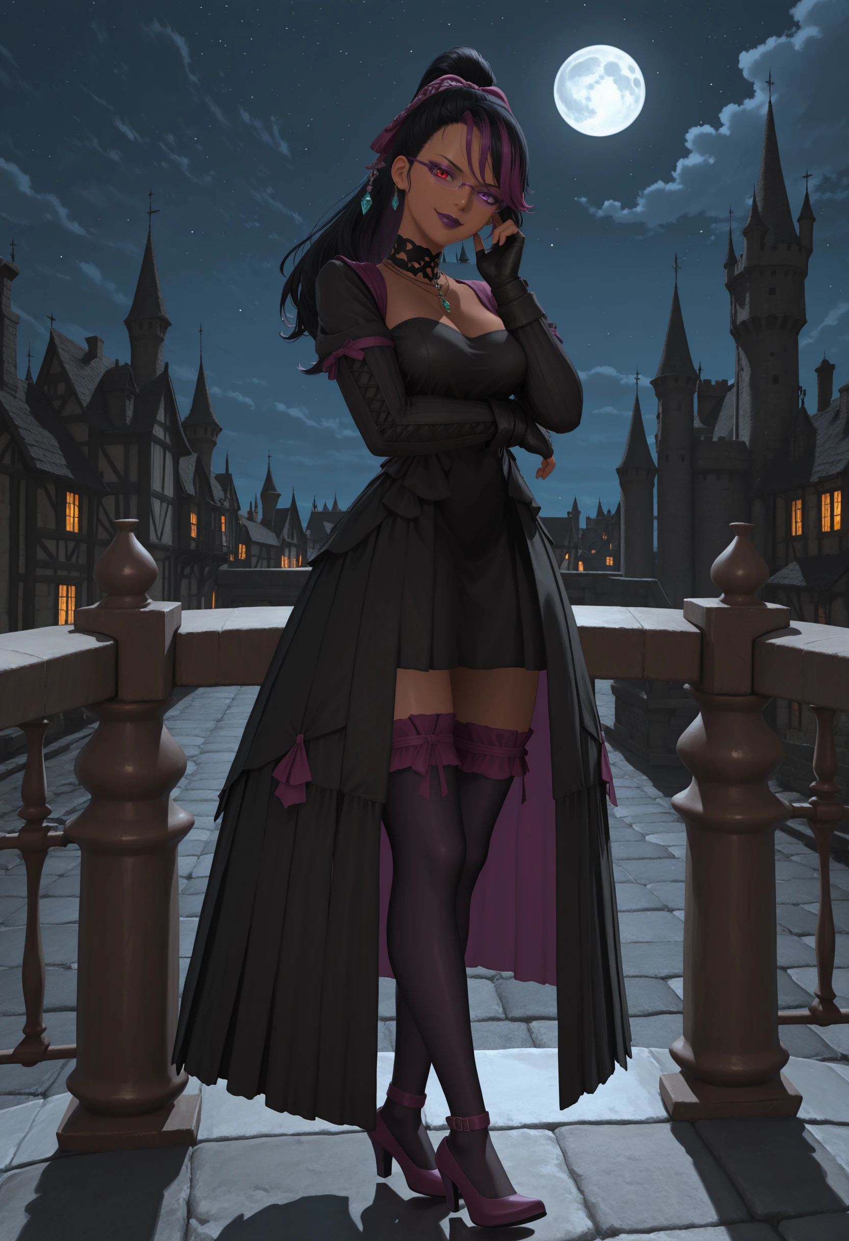 older woman in her 30s, with short purple hair and a tall, curvy body, view from behind, standing backwards, breasts big, in this, (work of art, best qualityer:1.2) wearing the legendary great black dress of the mystical sorceress, Big witch hat, standing alone, alone