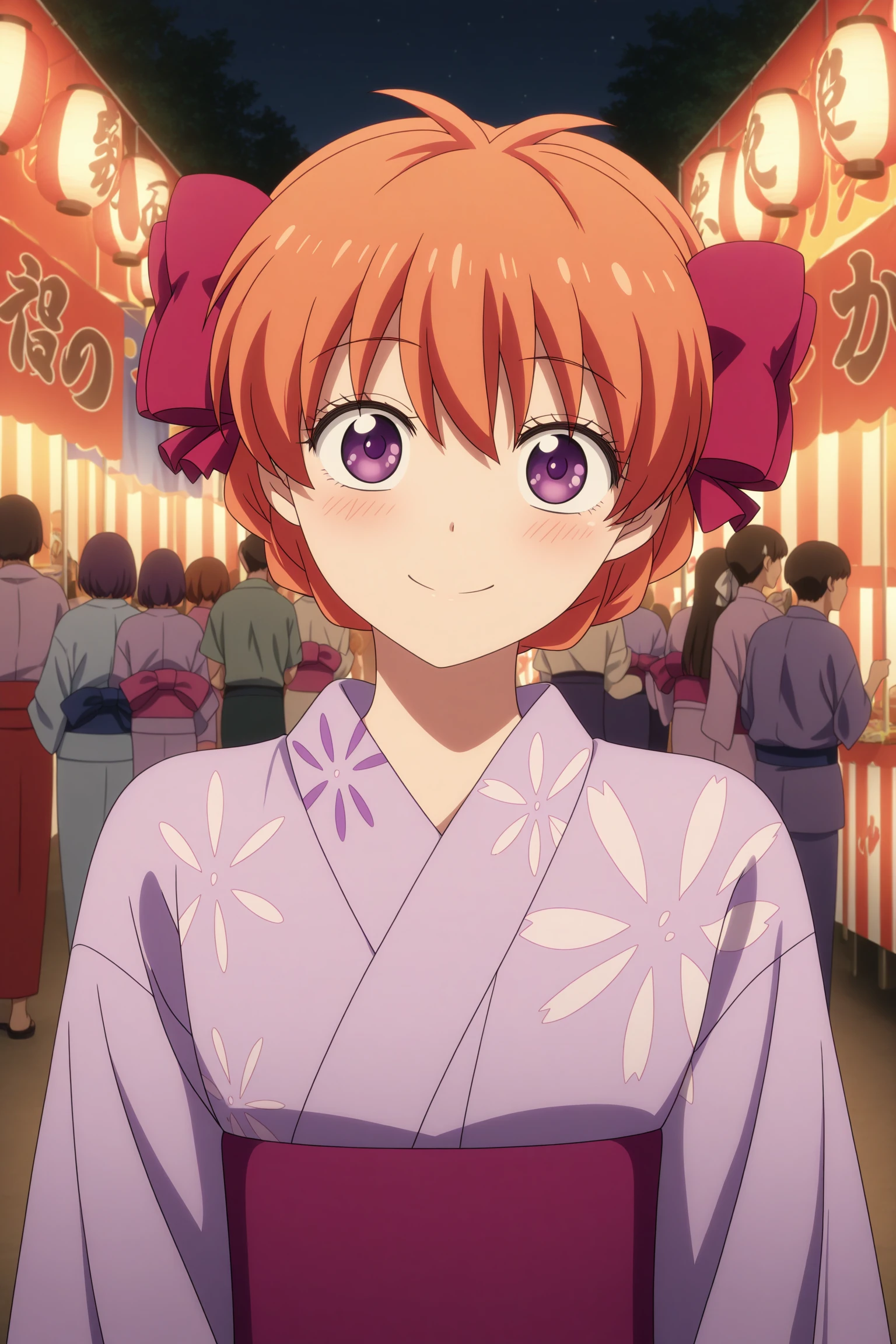 masterpiece, best quality, amazing quality, highres, absurdres, very aesthetic, high resolution, ultra detailed, perfect details, 1girl, solo, outdoors, summer festival, night, sakura chiyo, short hair, orange hair, nape braid, purple hair ribbon, purple eyes, long sleeves, wide sleeves, japanese clothes, purple kimono, gradient kimono, obi, back bow, zouri, <lora:Chiyo_Sakura_ILXL:0.8>, aged up, (upper body:1.5), looking at viewer, smile, (anime coloring:1.5), pose, straight-on