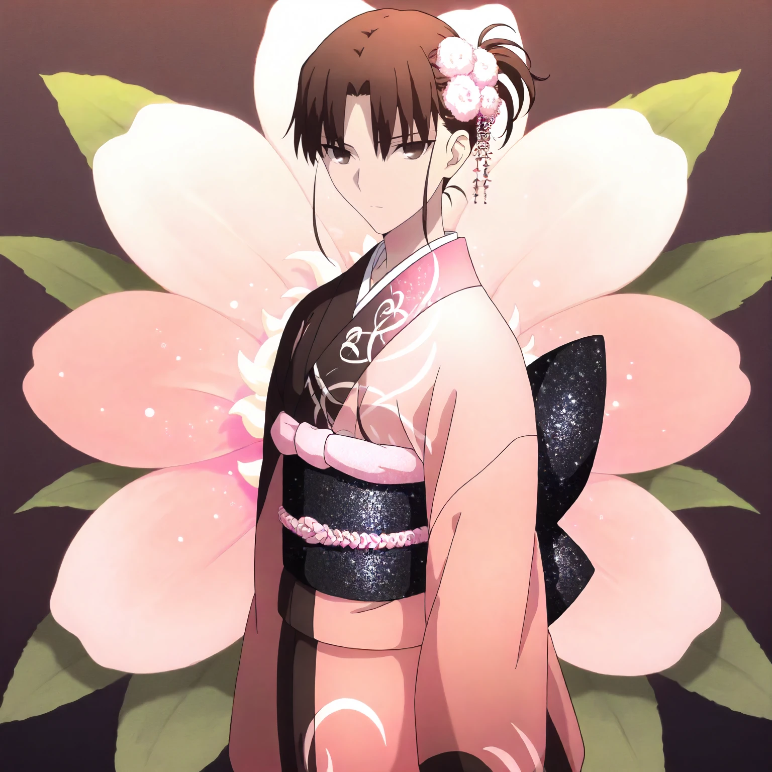<lora:KnK_ryougi_shikiXLIllustrious001>,
masterpiece,best quality,good quality,newest,
flower background,glitter,
expressionless,
looking at viewer,
solo,
anime coloring,
ryougi_shiki\(kara_no_kyoukai\),1girl,black brown hair,short ponytail,updo,hair_ornament,brown eyes,
pink and black print kimono,
cowboy shot,
standing,