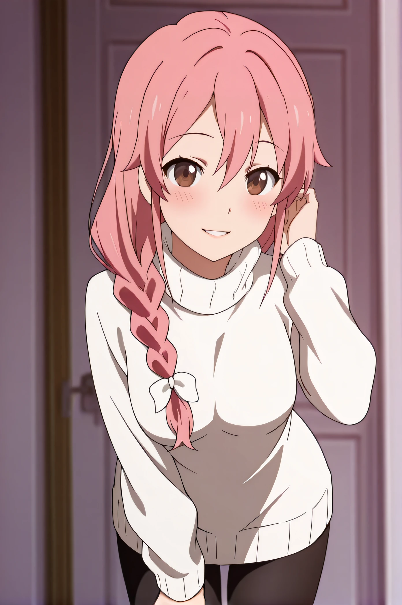 masterpiece, best quality, highres, newest, 1girl, solo, official style, anime screencap, <lora:Subaru_Mom:1>, subarumother, pink hair, hair over shoulder, hair bow, braid, brown eyes, white sweater, turtleneck, medium breasts, black pantyhose, looking at viewer, smile, indoor, cowboy shot, parted lips, blush, hand on hair