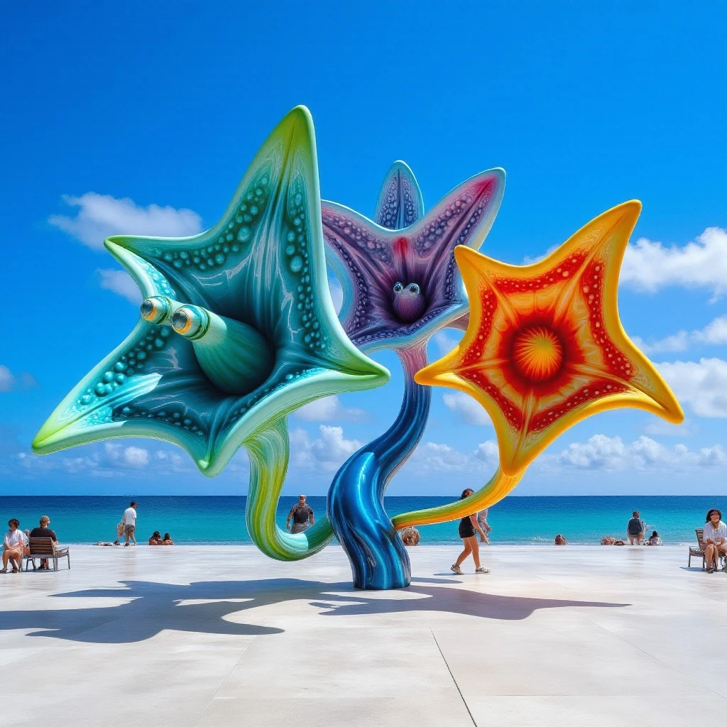 The image is a high-resolution photograph of a whimsical, large-scale public art sculpture in an open-air coastal plaza with a pale stone floor and a deep blue ocean horizon in the distance. The sculpture depicts three oversized stingrays suspended mid-air in dynamic, gliding poses. Each ray's body is covered in surreal, high-gloss patterns inspired by real stingray skin radiating dots and abstract wave motifs, rendered in explosive color combinations: iridescent turquoise and violet, electric lime and fuchsia, and shimmering gold with cobalt blue. Their smooth, curving wings gleam under the sunlight, capturing both movement and texture. large-scale, vinyl toy, cartoonish, vivid colours, plastic polymer, metallic, glossy, polymer style,