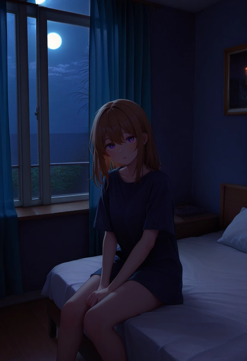 masterpiece, high quality, hrushch, room, 1girl, solo, sitting, window, dark, night, indoors, bed, moonlight, cowboy shot, looking at viewer,