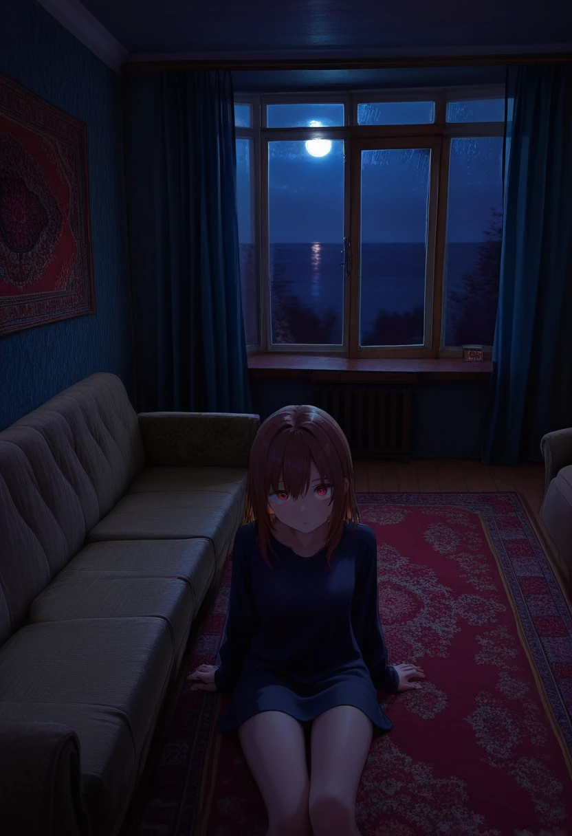 masterpiece, high quality, hrushch, room, 1girl, solo, sitting, window, dark, night, indoors, couch, moonlight, cowboy shot, looking at viewer, carpet,