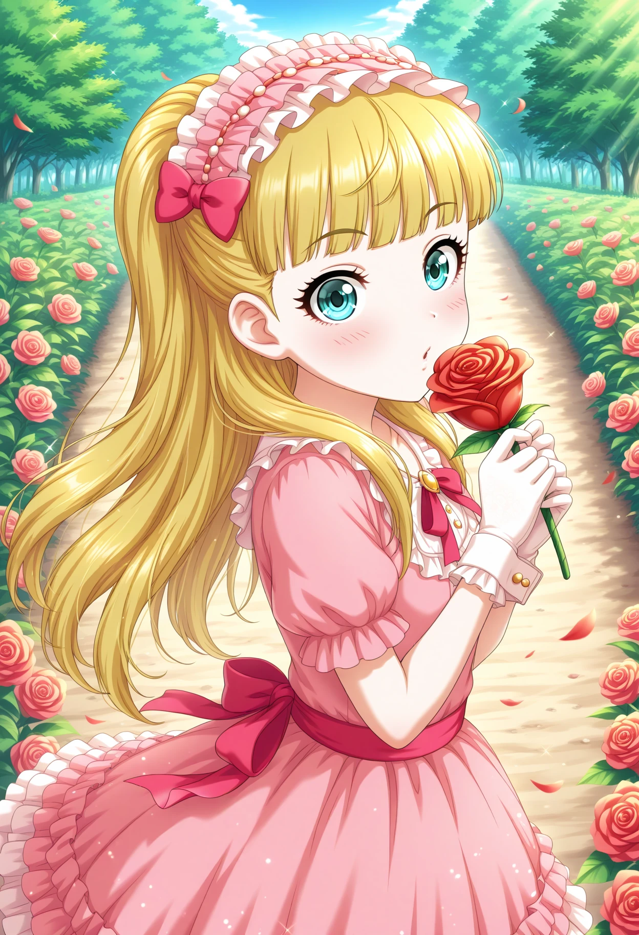 masterpiece, best quality, amazing quality, 1girl, solo, makeup, blush, upper body, perspective, from side, dynamic, general, sparkle, garden, outdoors, falling flowers, holding rose, gaze, rose, many roses, <lora:Mary_Cochran_Cinderella:1>, Mary_Cochran_Cinderella, long hair, blonde hair, hair bow, blue eyes, blunt bangs, dress, pink dress, headdress, frills, thighhighs, gloves, wrist cuffs, <lora:wai-Rectified-s:1>, <lora:prompt_extend:1>