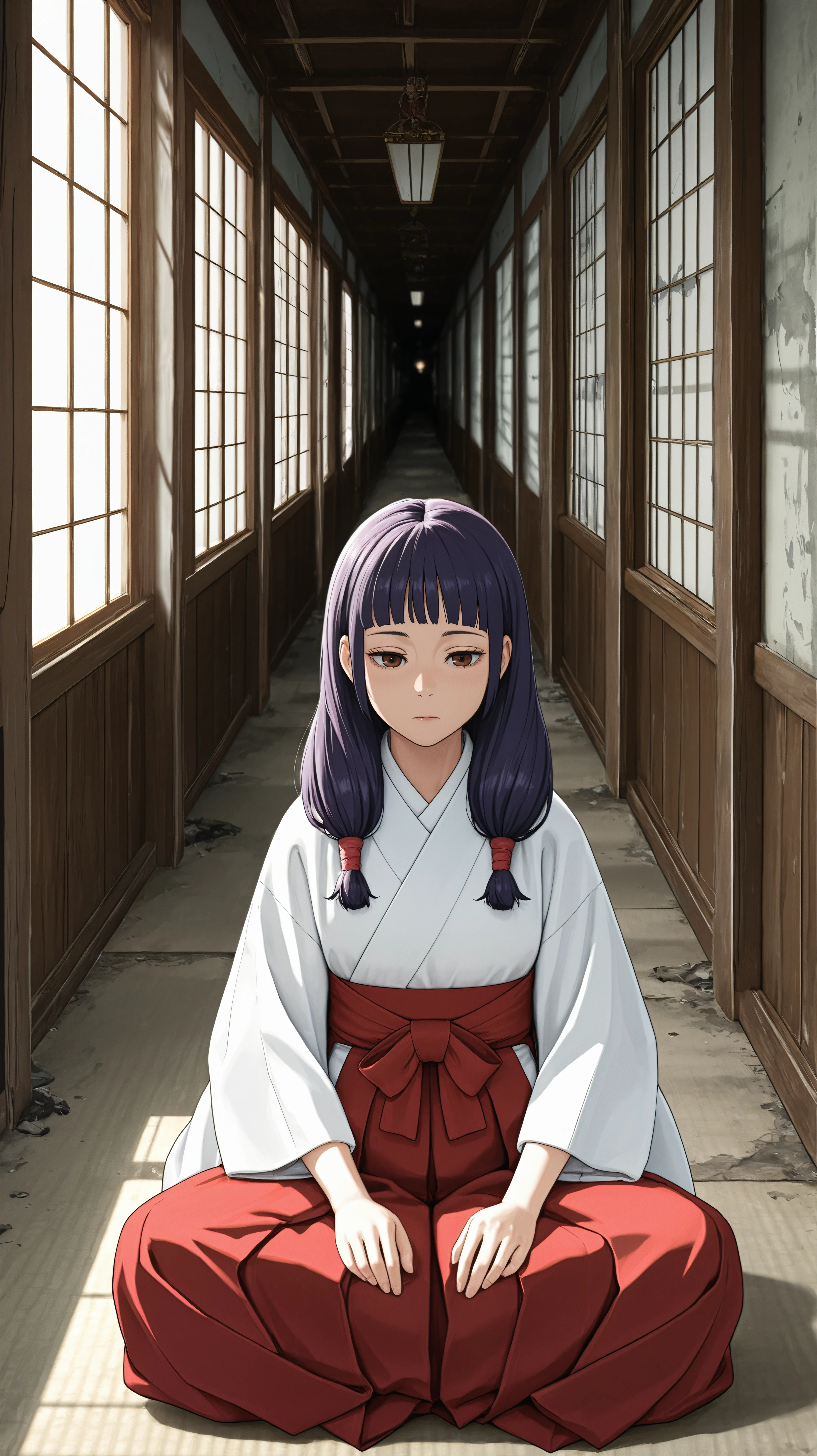 masterpiece, best quality, amazing quality, girl, butterfly sitting, <lora:Utahime Iori - Illu:0.9>, bUtahime, purple hair, twintails, bangs, brown eyes, red hakama skirt, east asian architecture, hallway, abandoned,